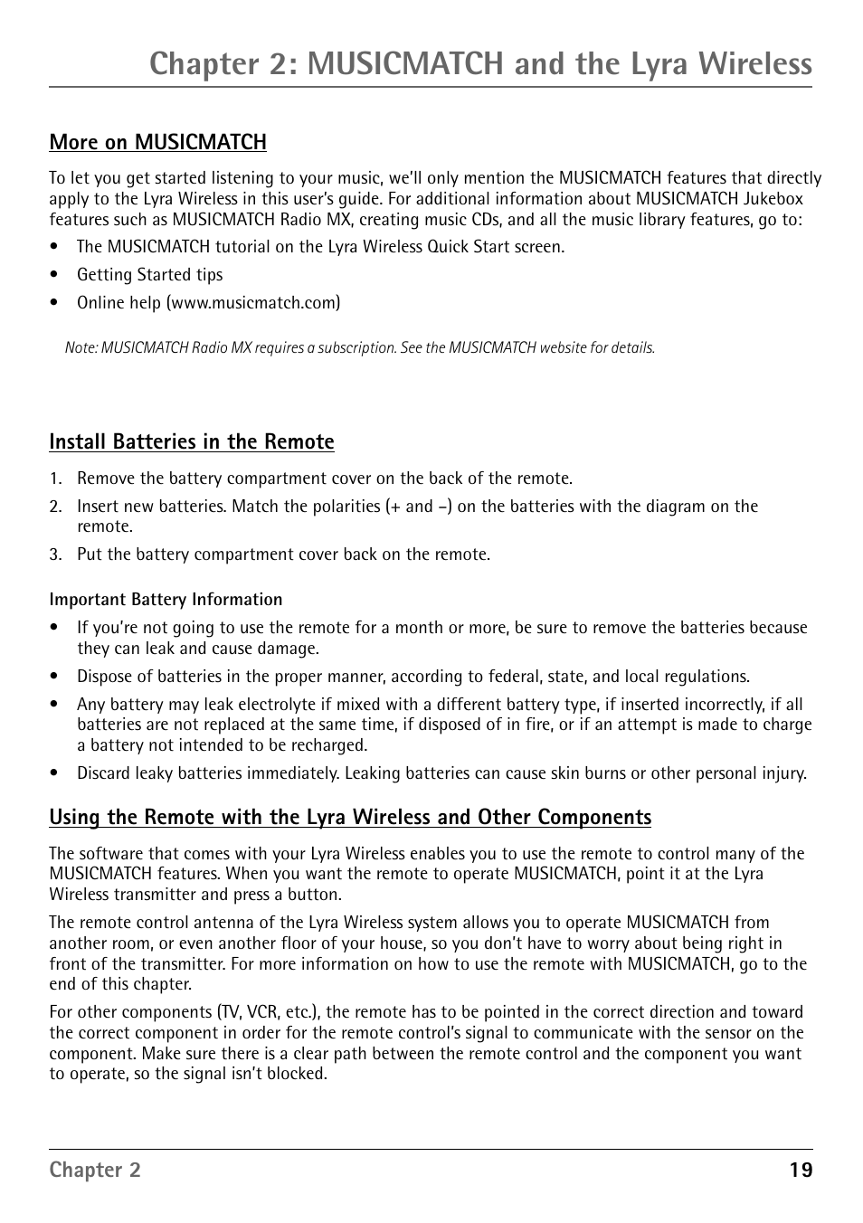 Install batteries in the remote, Improving performance, Orientation of the antennas | Chapter 2: musicmatch and the lyra wireless | RCA RD900W User Manual | Page 21 / 40