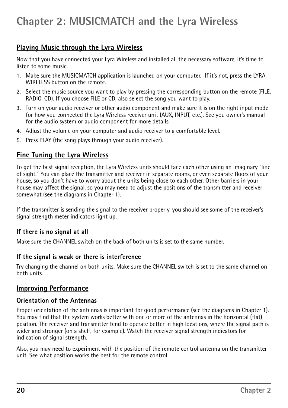 Playing music through the lyra wireless, Fine tuning the lyra wireless, If there is no signal at all | If the signal is weak or there is interference, Improving performance, Orientation of the antennas, Chapter 2: musicmatch and the lyra wireless | RCA RD900W User Manual | Page 22 / 40