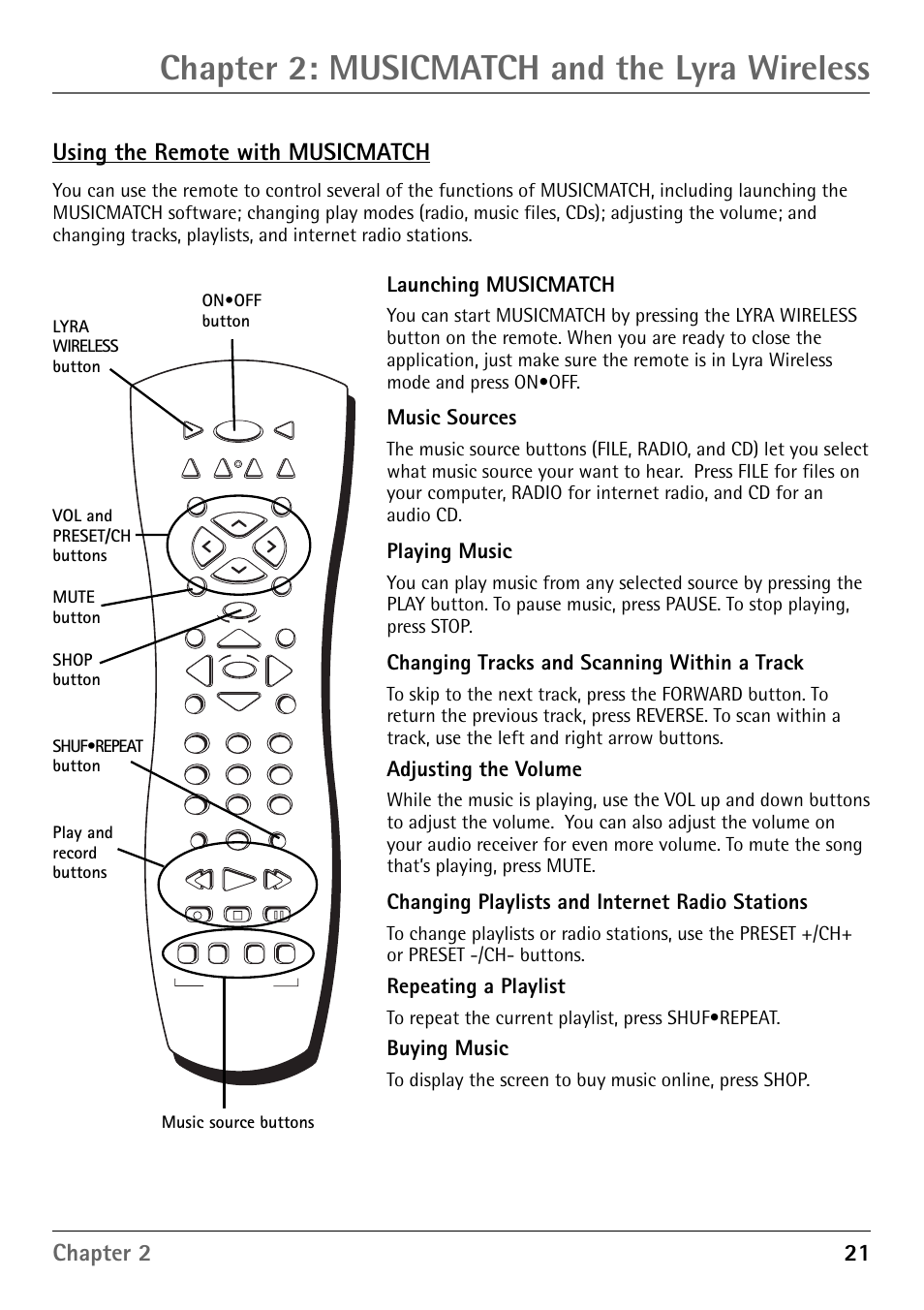 Using the remote with musicmatch, Launching musicmatch, Music sources | Playing music, Changing tracks and scanning within a track, Adjusting the volume, Changing playlists and internet radio stations, Repeating a playlist, Buying music, Chapter 2: musicmatch and the lyra wireless | RCA RD900W User Manual | Page 23 / 40