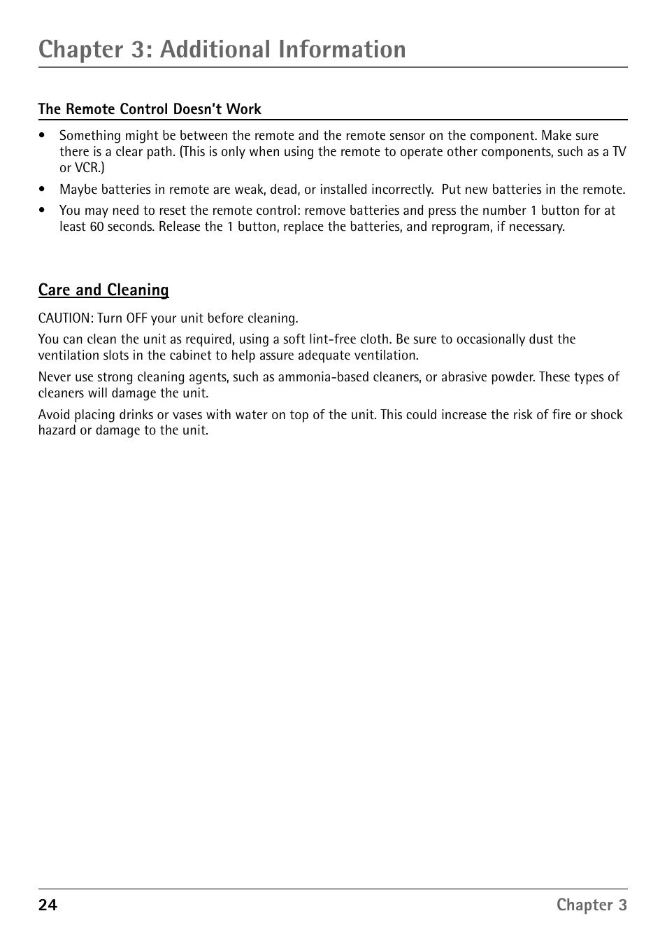 Care and cleaning, Chapter 3: additional information | RCA RD900W User Manual | Page 26 / 40