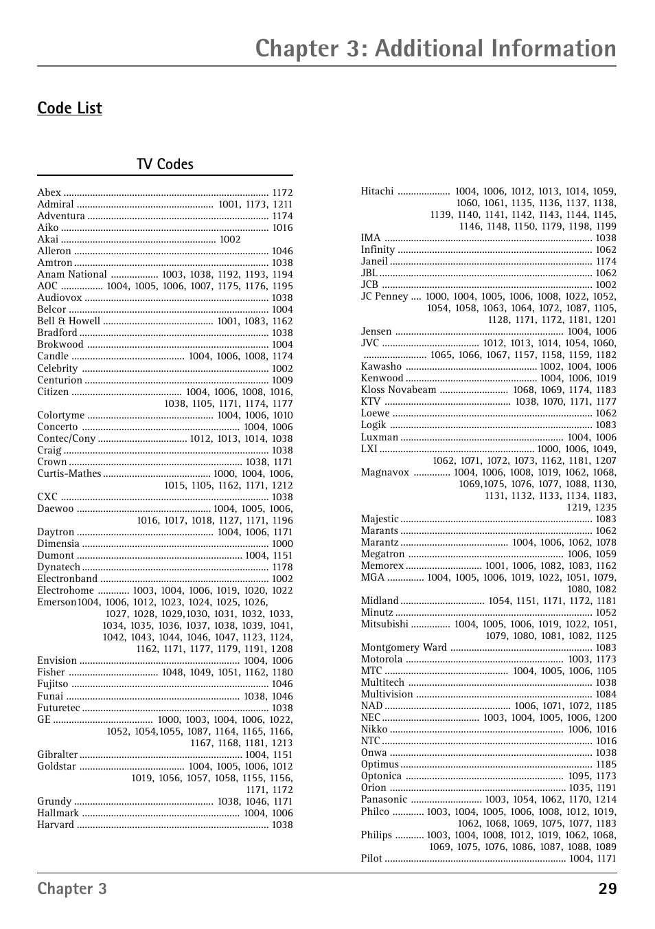 Chapter 3: additional information, Chapter 3 29 code list, Tv codes | RCA RD900W User Manual | Page 31 / 40