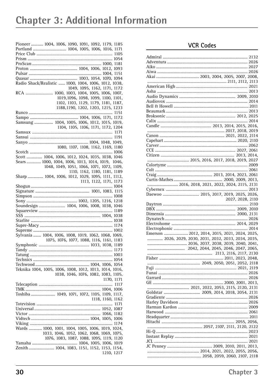 Chapter 3: additional information, 30 chapter 3, Vcr codes | RCA RD900W User Manual | Page 32 / 40