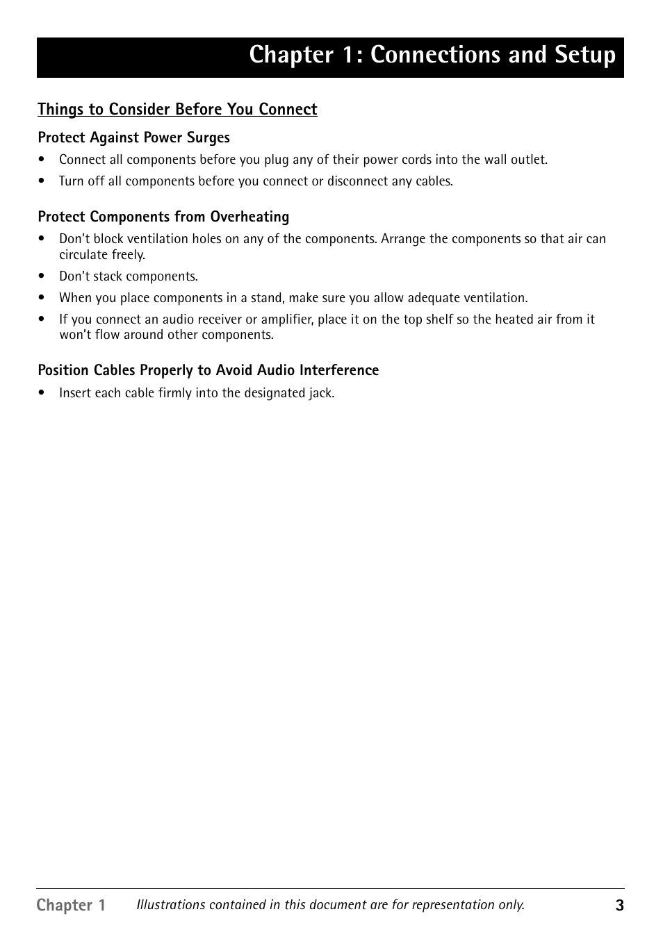 Things to consider before you connect, Protect against power surges, Protect components from overheating | Connection pictures, Chapter 1: connections and setup | RCA RD900W User Manual | Page 5 / 40