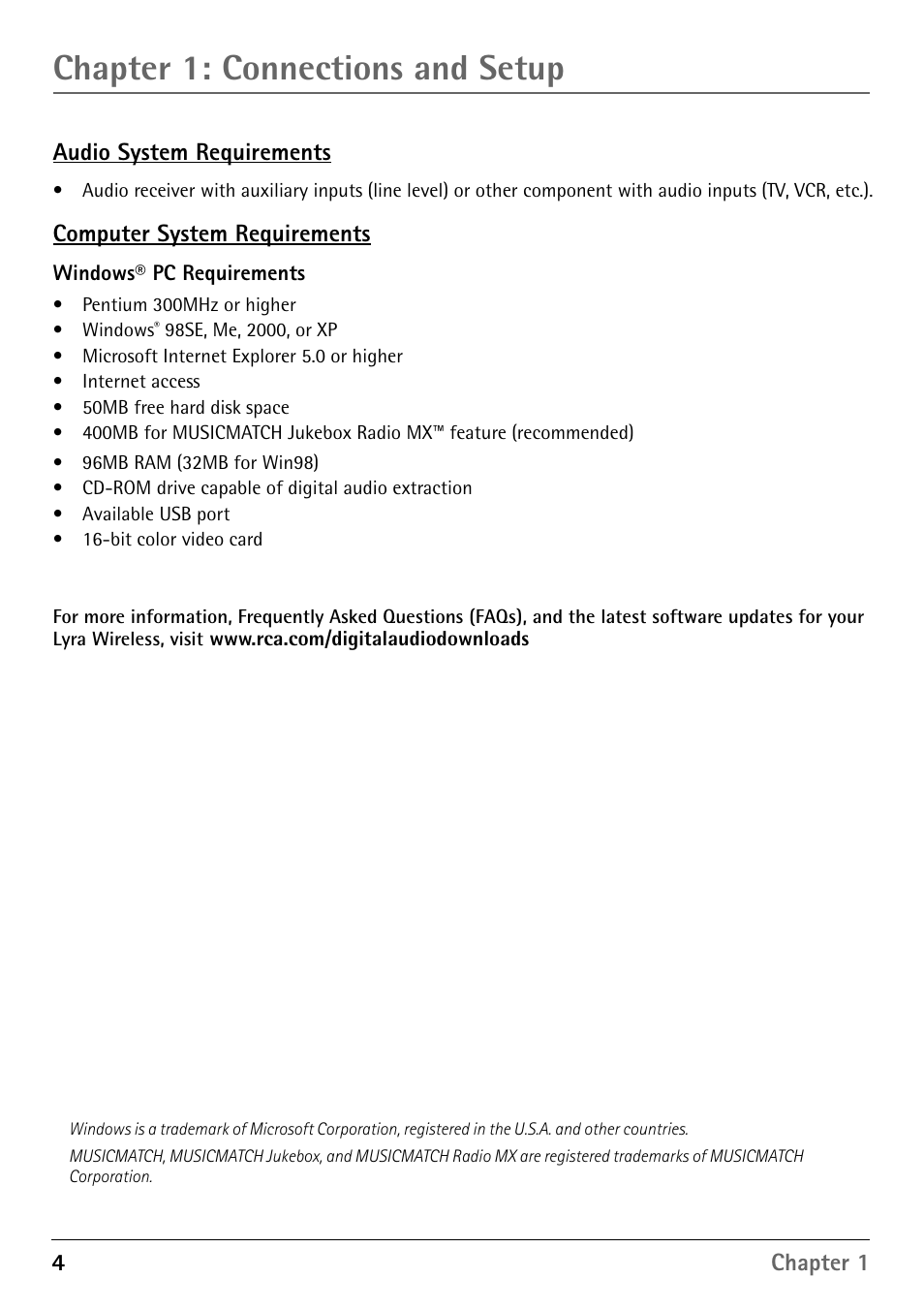 Audio system requirements, Computer system requirements, Windows® pc requirements | Chapter 1: connections and setup | RCA RD900W User Manual | Page 6 / 40