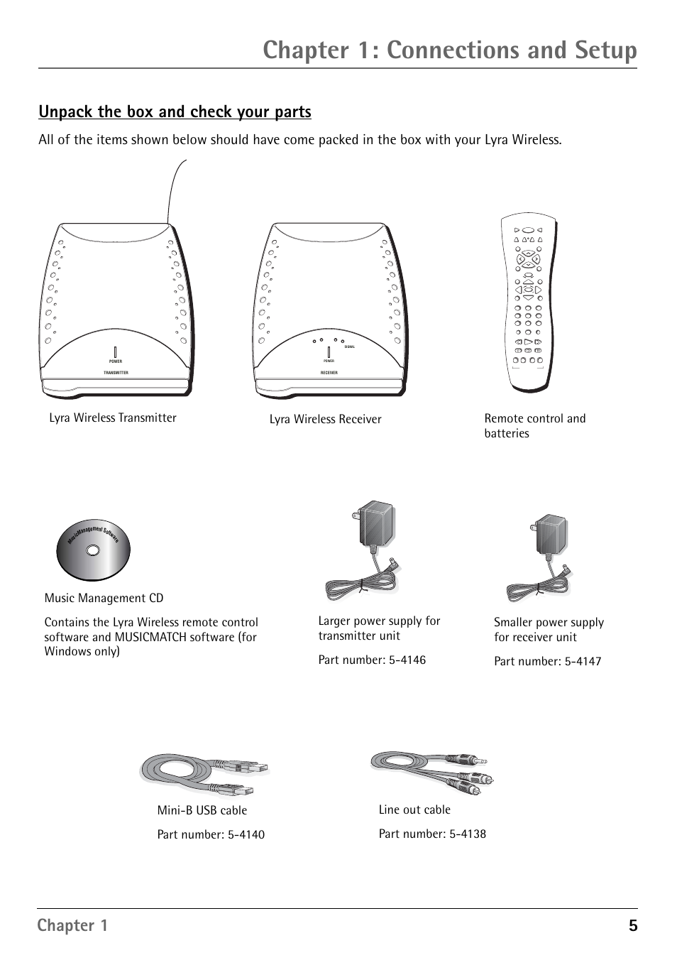 Unpack the box and check your parts, Chapter 1: connections and setup, Chapter 1 5 unpack the box and check your parts | Remote control and batteries, Lyra wireless receiver lyra wireless transmitter, Shop | RCA RD900W User Manual | Page 7 / 40