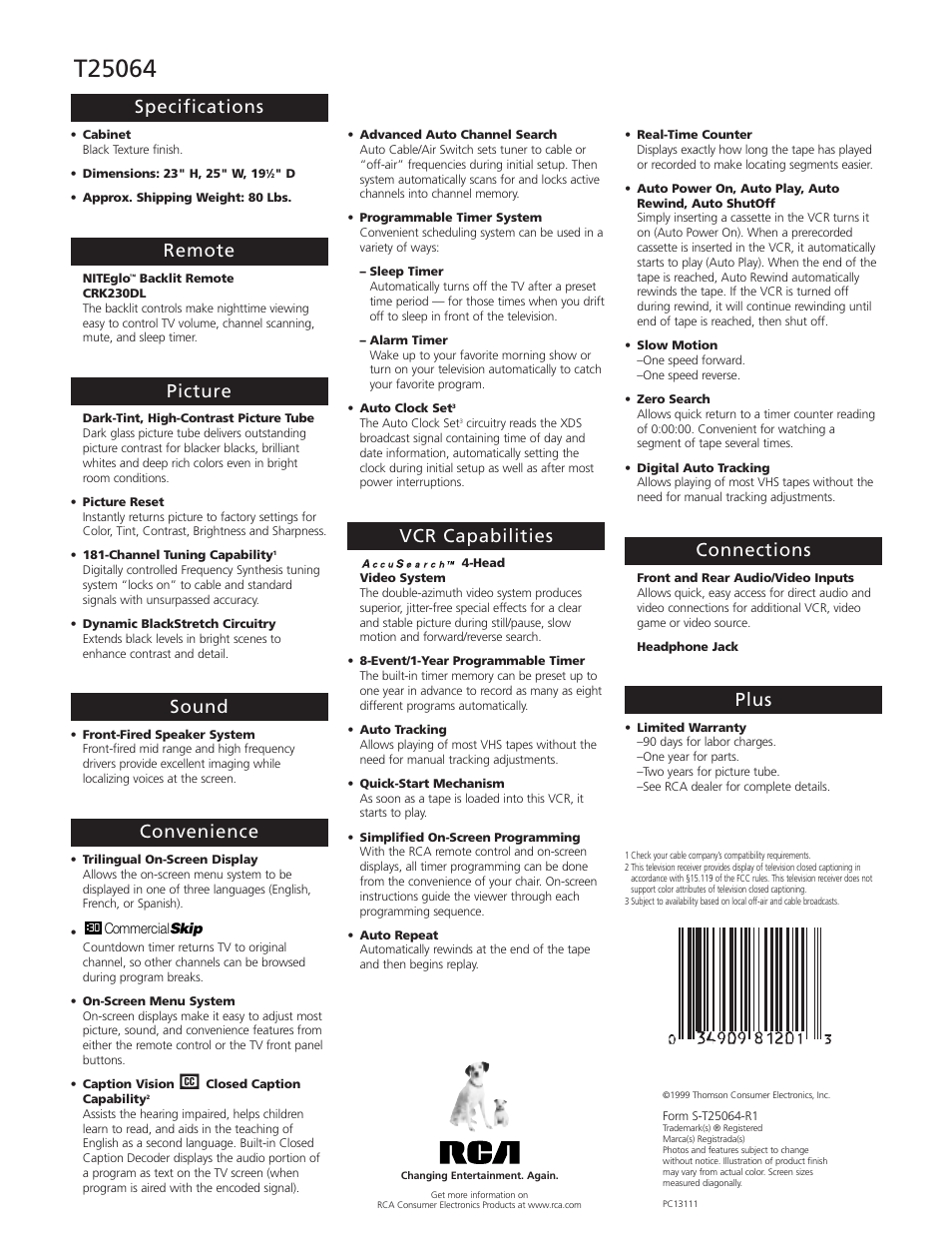 Specifications, Remote, Picture | Sound, Convenience, Vcr capabilities, Connections, Plus | RCA TV/VCR Combo User Manual | Page 2 / 2