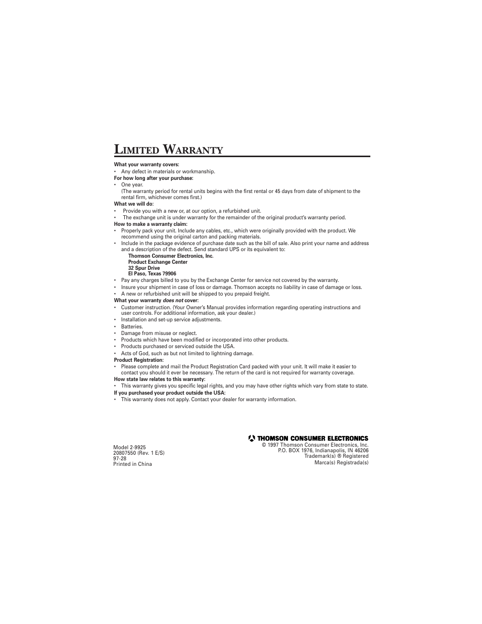 Imited, Arranty | RCA 2-9925 User Manual | Page 28 / 28