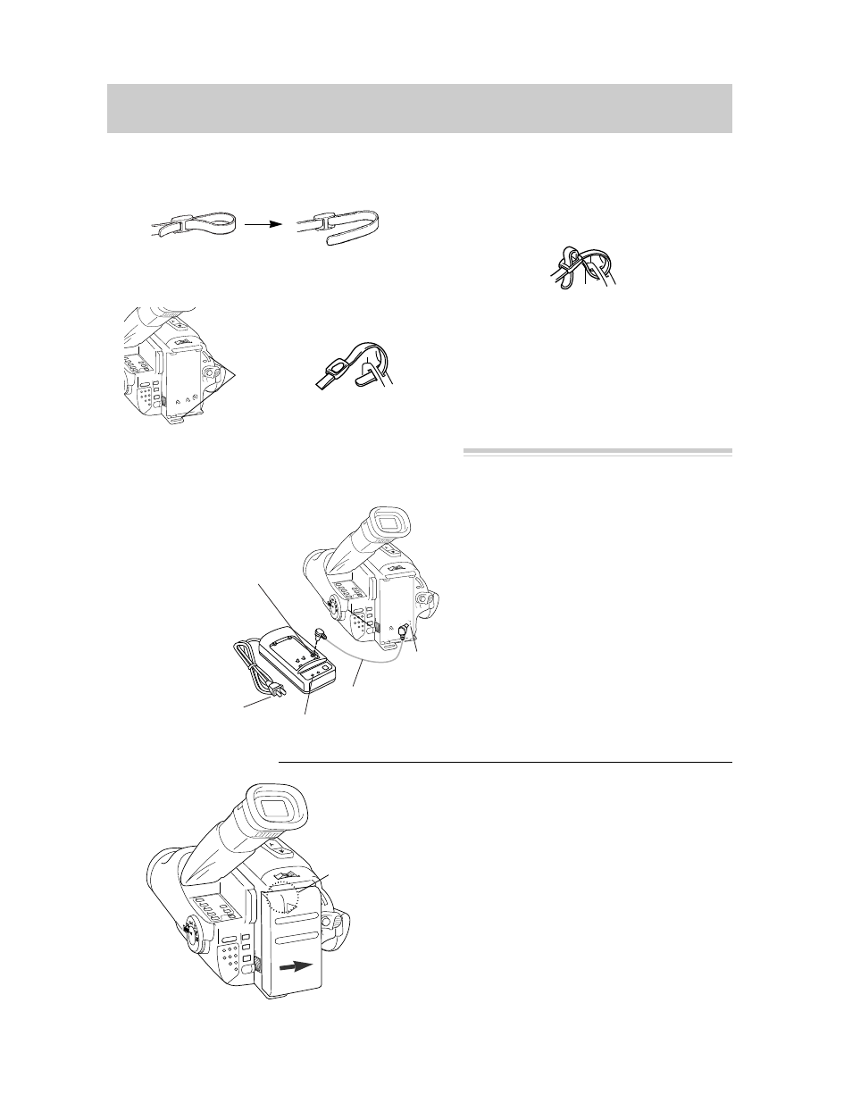 Attach the shoulder strap, Attach adapter/charger or charged battery, First-time operation | Continued) 11, A. adapter/charge, B. charged battery | RCA Pro845 User Manual | Page 13 / 52