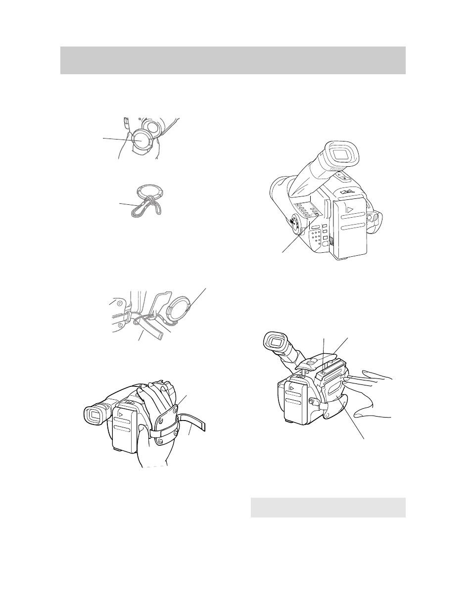 Attach the lens cap cord and adjust the hand strap, Insert a cassette in the camcorder, First-time operation | Continued) | RCA Pro845 User Manual | Page 14 / 52