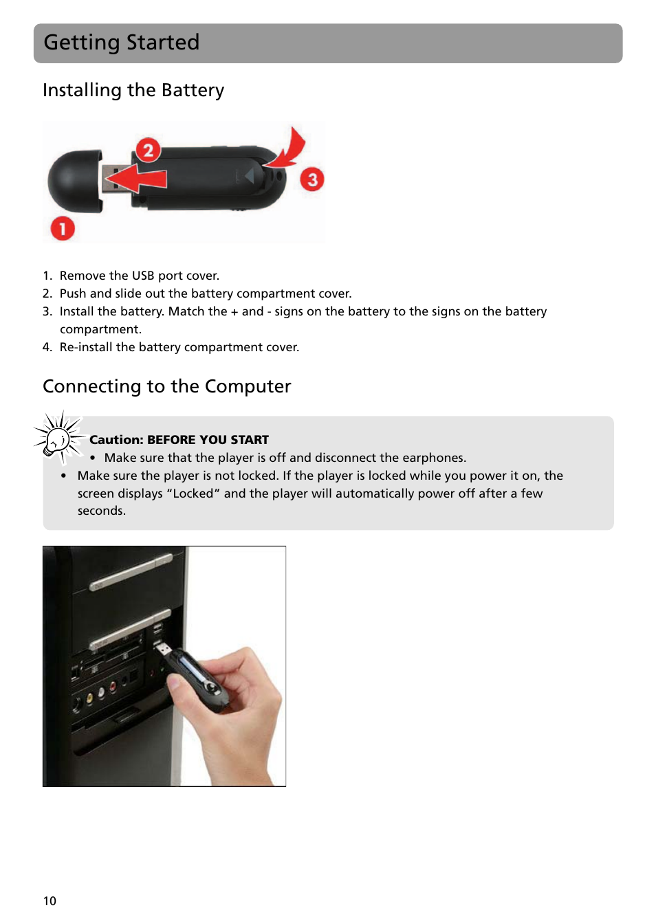 Getting started, Installing the battery, Connecting to the computer | RCA TH1401 User Manual | Page 10 / 40