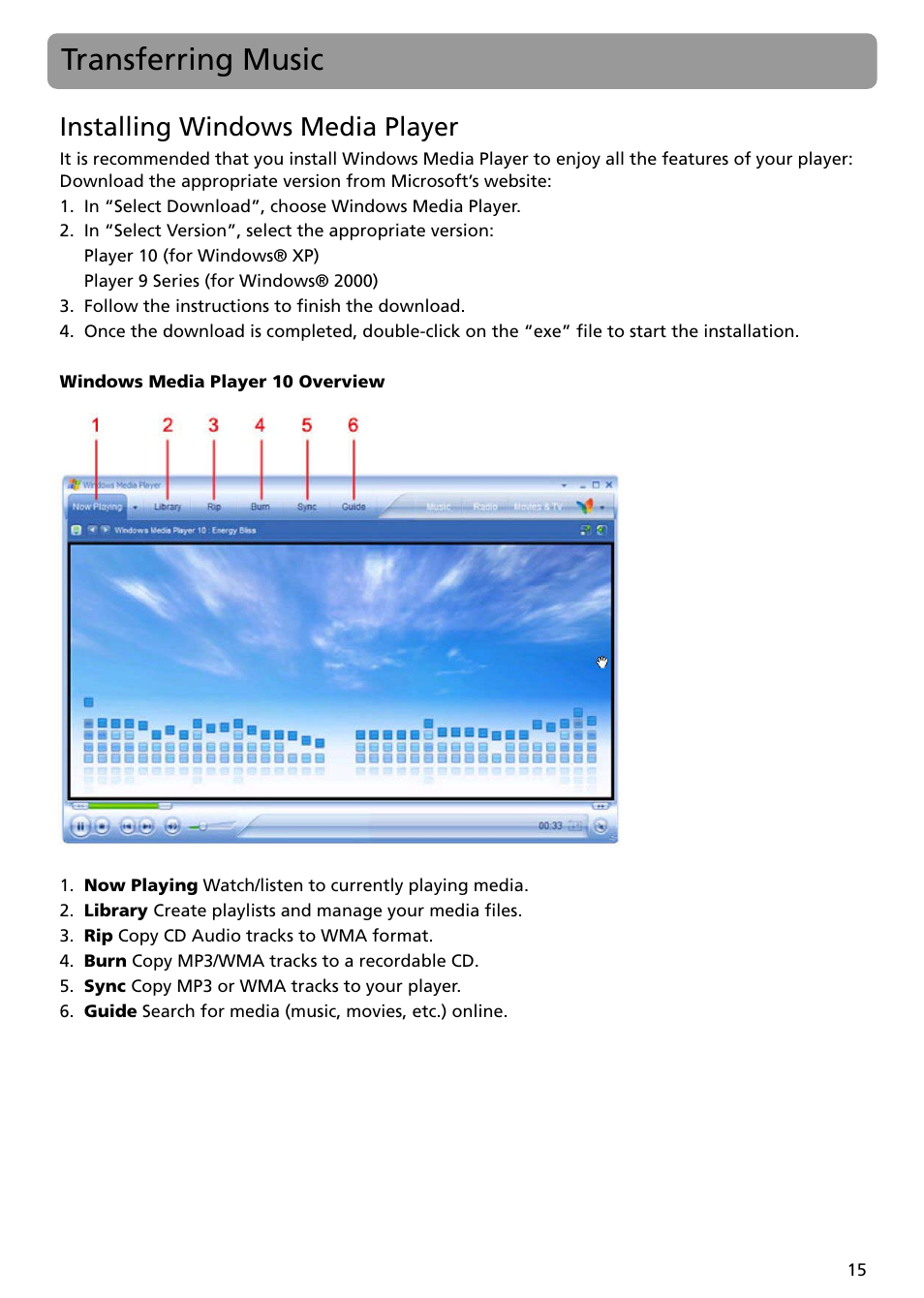 Transferring music, Installing windows media player | RCA TH1401 User Manual | Page 15 / 40