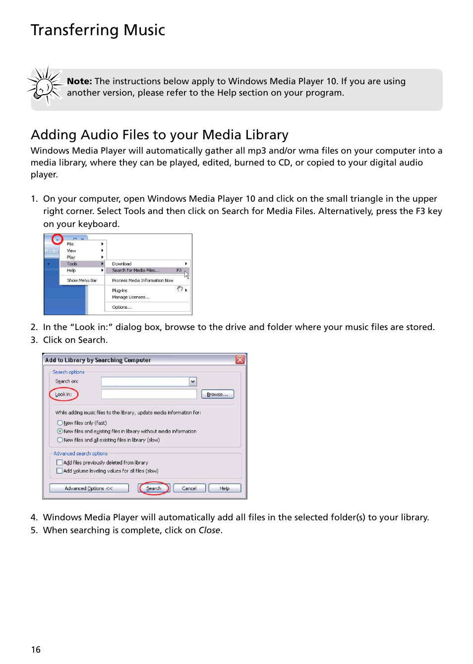 Adding audio files to your media library, Transferring music | RCA TH1401 User Manual | Page 16 / 40