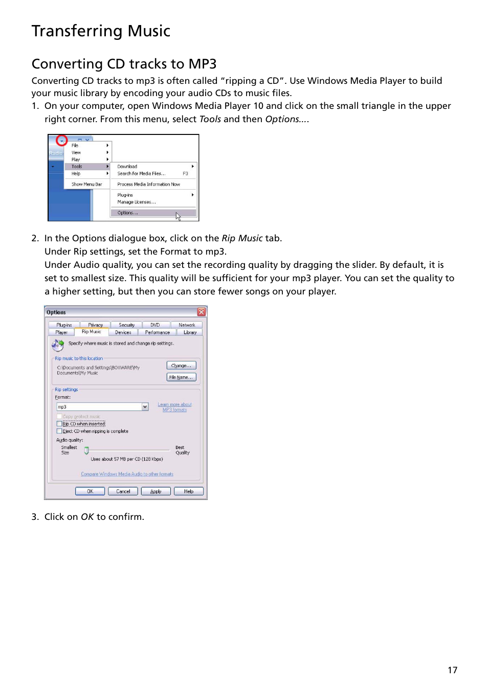 Converting cd tracks to mp3, Transferring music | RCA TH1401 User Manual | Page 17 / 40