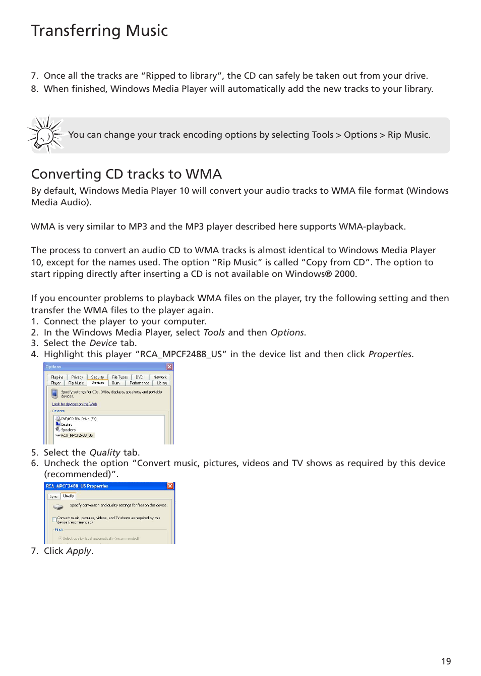 Converting cd tracks to wma, Transferring music | RCA TH1401 User Manual | Page 19 / 40