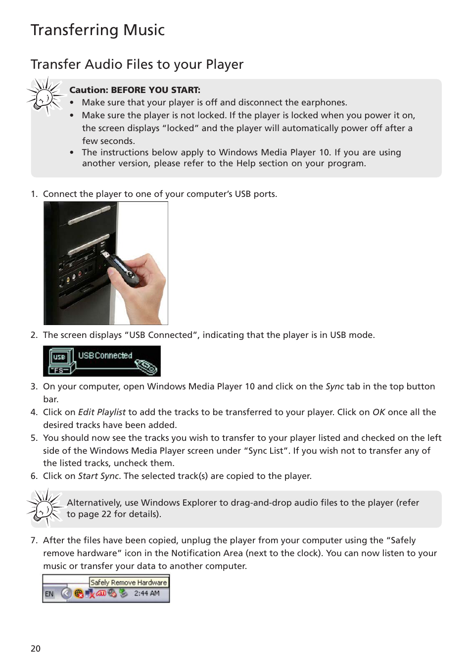 Transfer audio files to your player, Transferring music | RCA TH1401 User Manual | Page 20 / 40