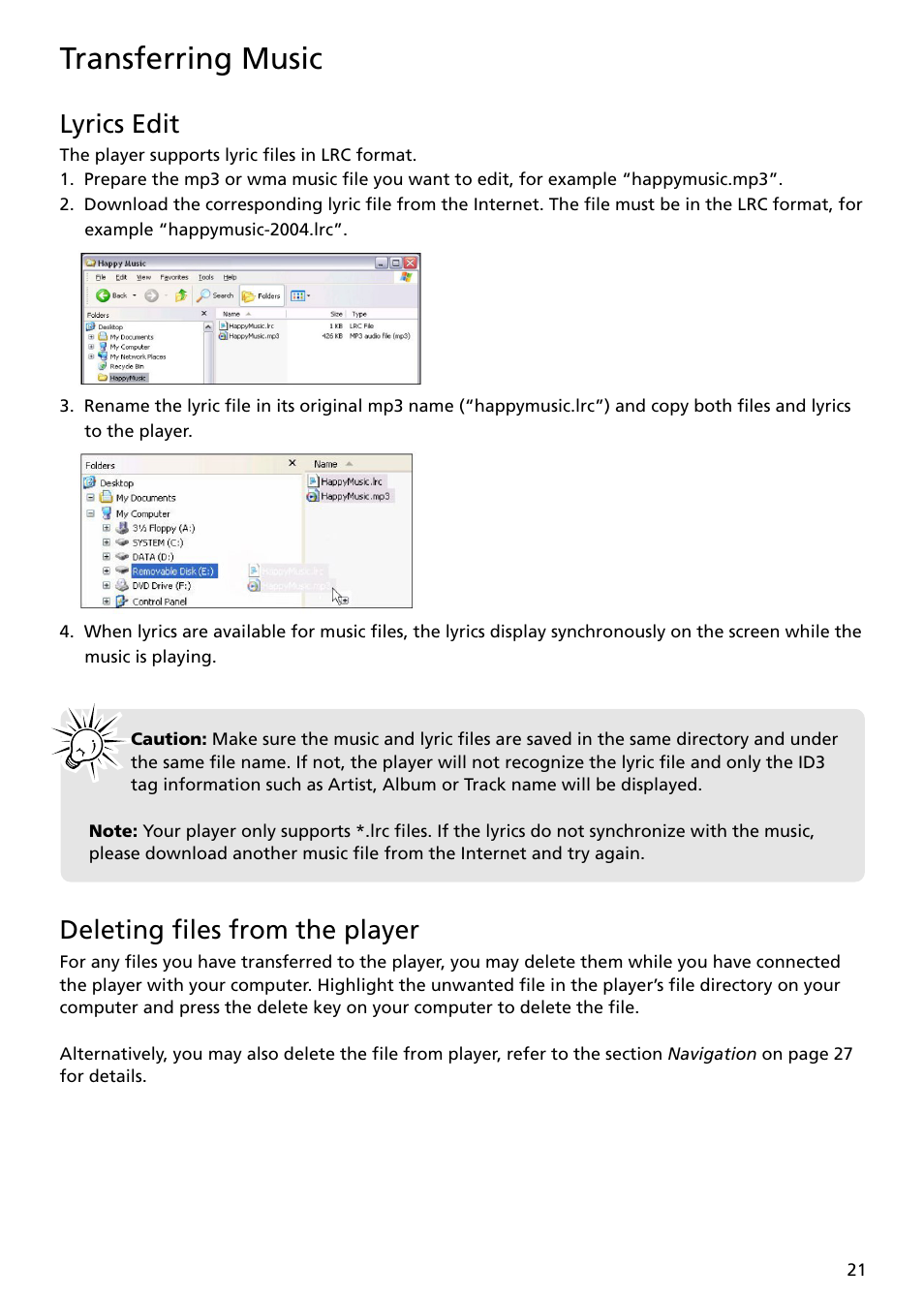 Lyrics edit, Deleting files from the player, Transferring music | RCA TH1401 User Manual | Page 21 / 40