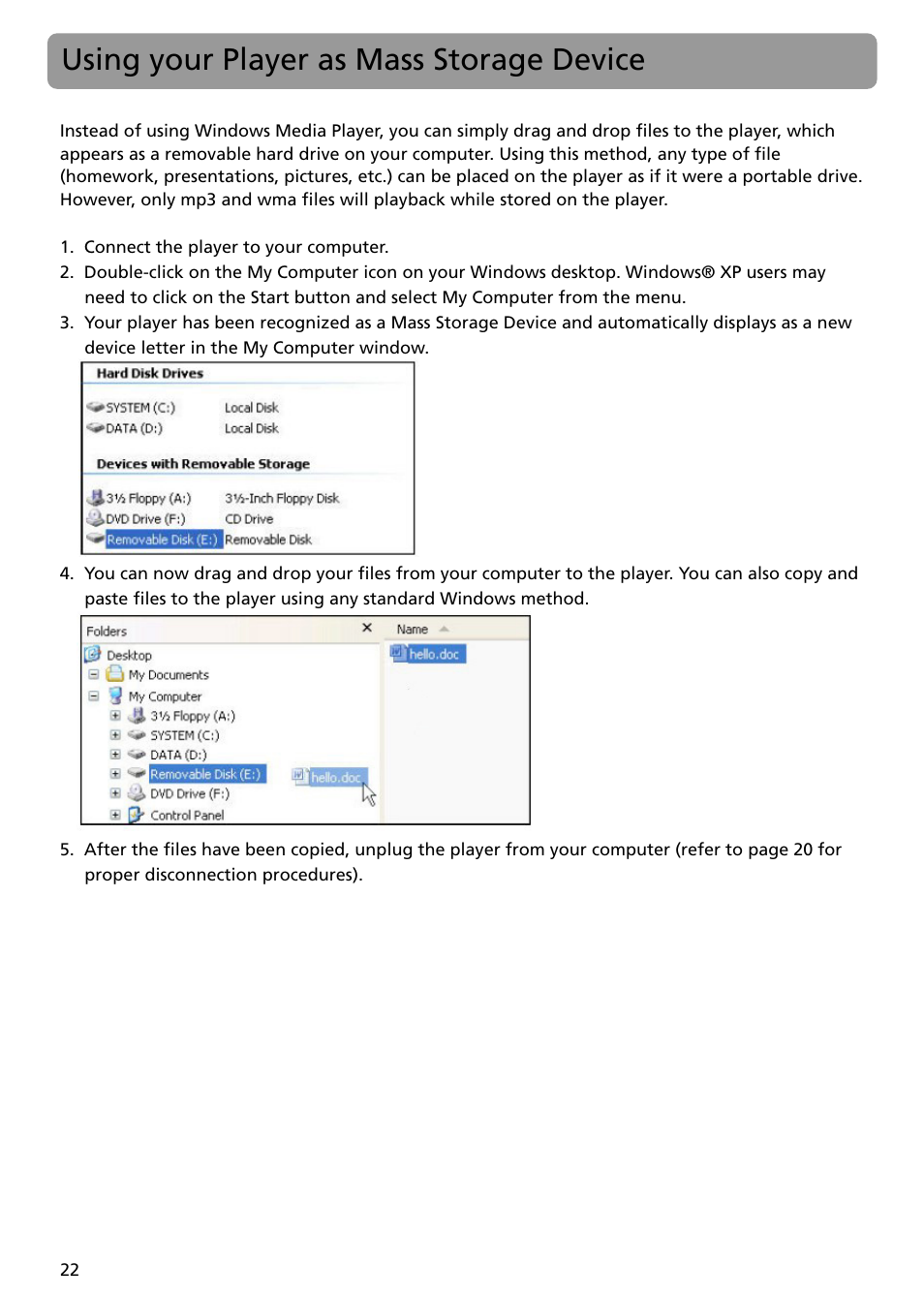 Using your player as mass storage device | RCA TH1401 User Manual | Page 22 / 40