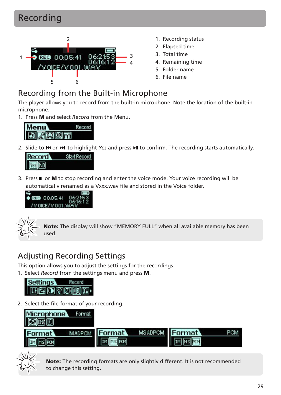 Recording, Recording from the built-in microphone, Adjusting recording settings | RCA TH1401 User Manual | Page 29 / 40