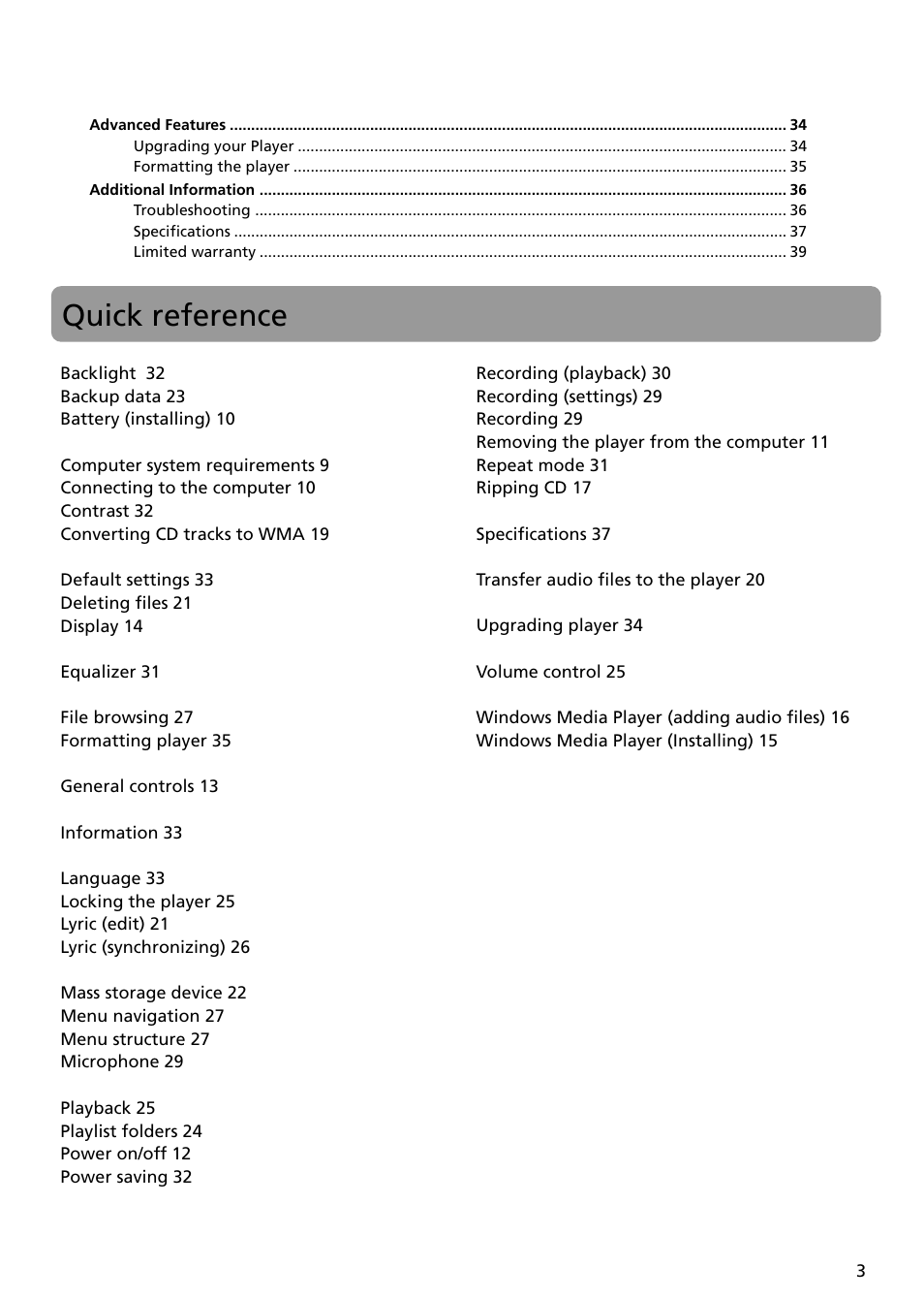 Quick reference | RCA TH1401 User Manual | Page 3 / 40