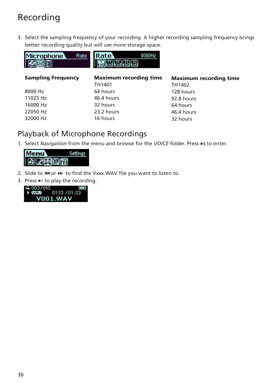 Playback of microphone recordings, Recording | RCA TH1401 User Manual | Page 30 / 40
