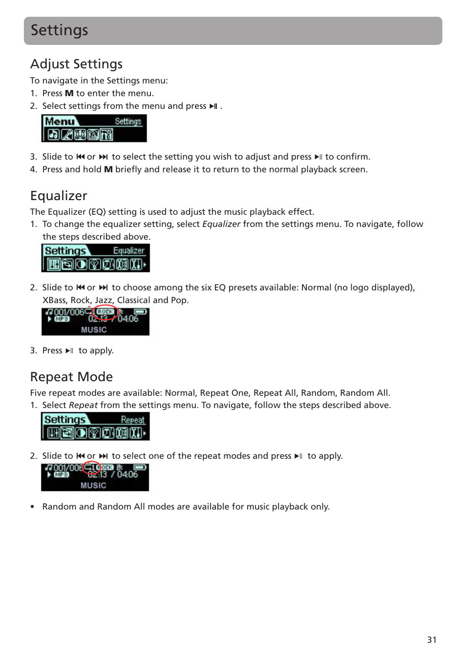 Settings, Adjust settings, Equalizer | Repeat mode | RCA TH1401 User Manual | Page 31 / 40