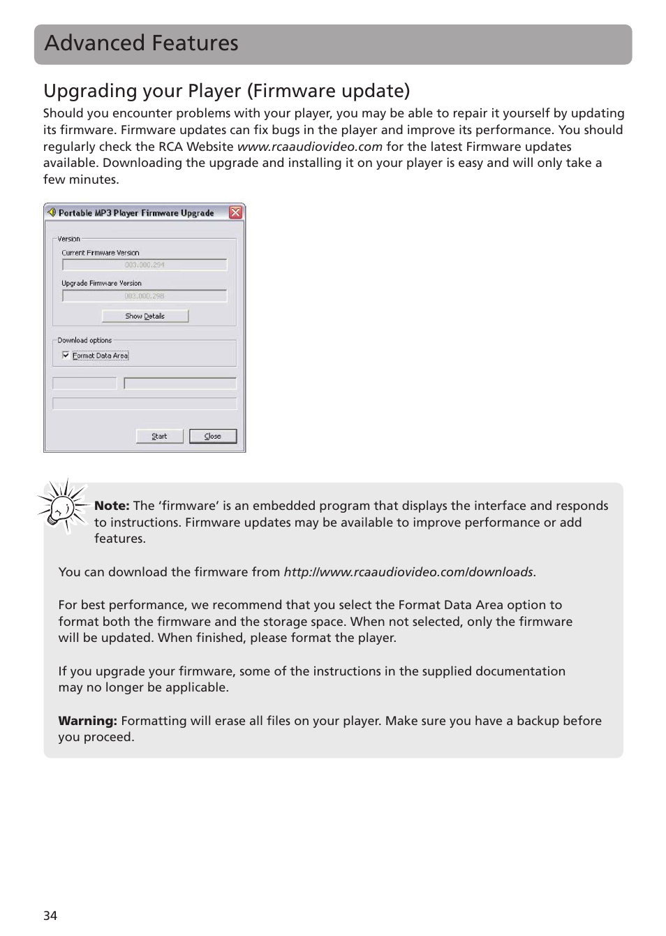 Advanced features, Upgrading your player (firmware update) | RCA TH1401 User Manual | Page 34 / 40