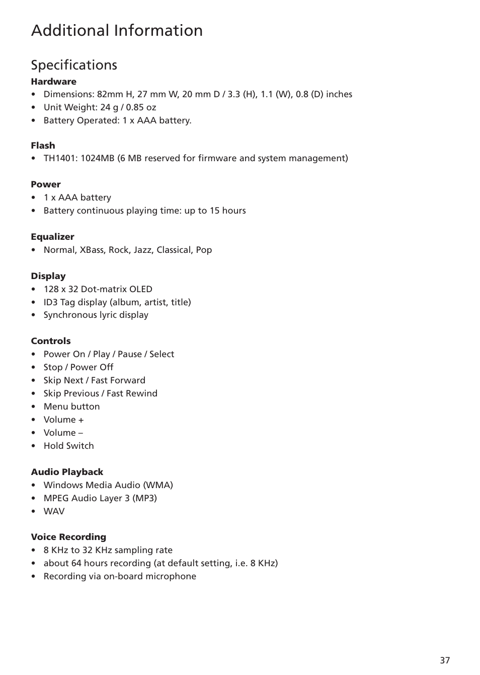 Specifications, Additional information | RCA TH1401 User Manual | Page 37 / 40