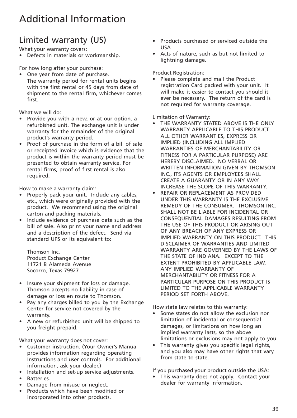 Limited warranty, Additional information, Limited warranty (us) | RCA TH1401 User Manual | Page 39 / 40