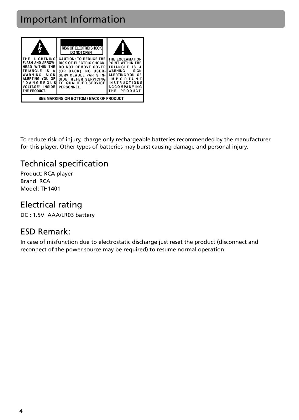 Important information, Technical specification, Electrical rating | Esd remark, Caution | RCA TH1401 User Manual | Page 4 / 40