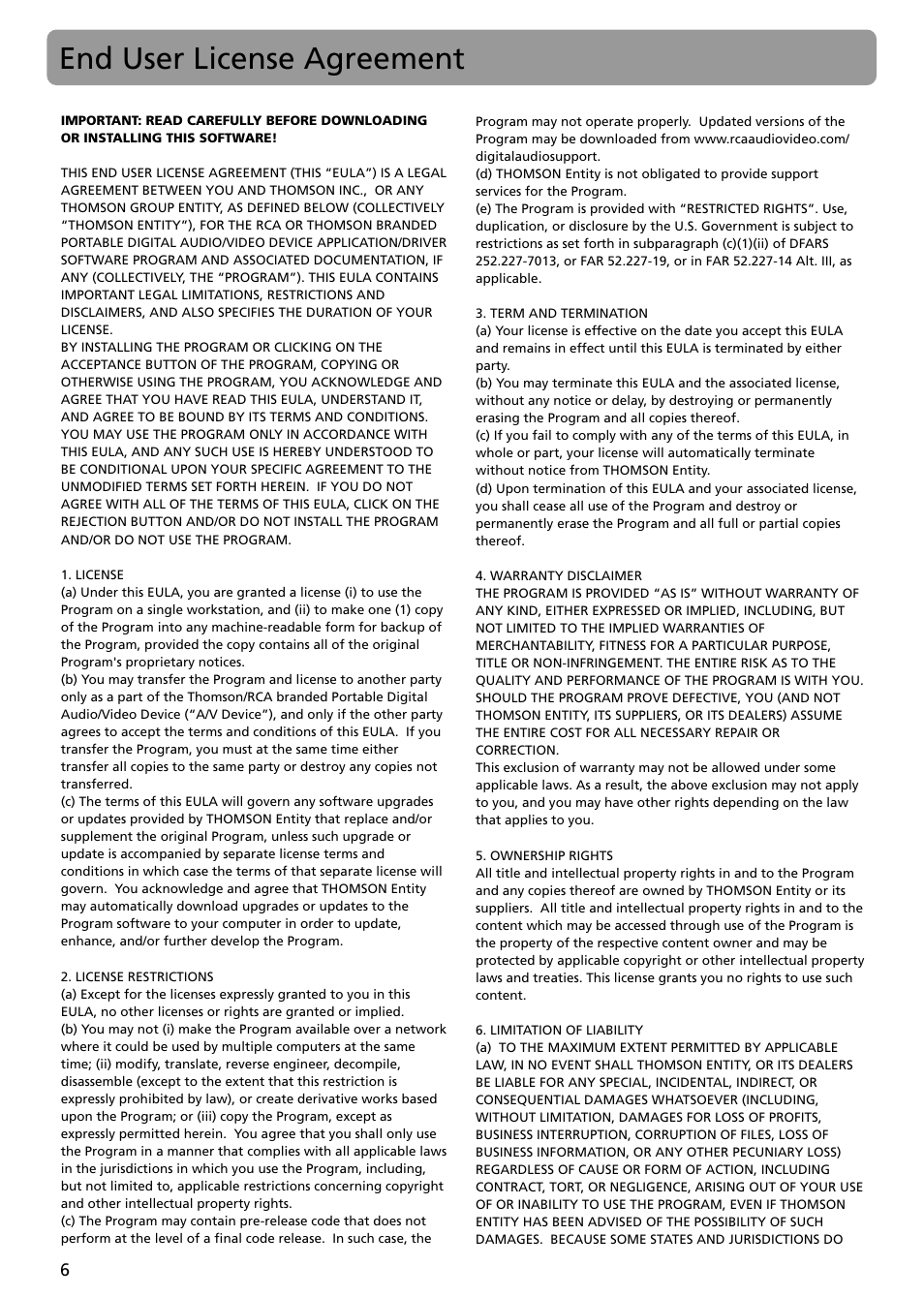 End user license agreement | RCA TH1401 User Manual | Page 6 / 40