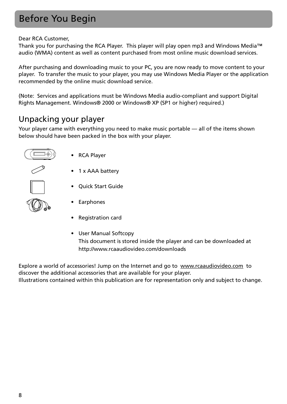 Before you begin, Unpacking your player | RCA TH1401 User Manual | Page 8 / 40