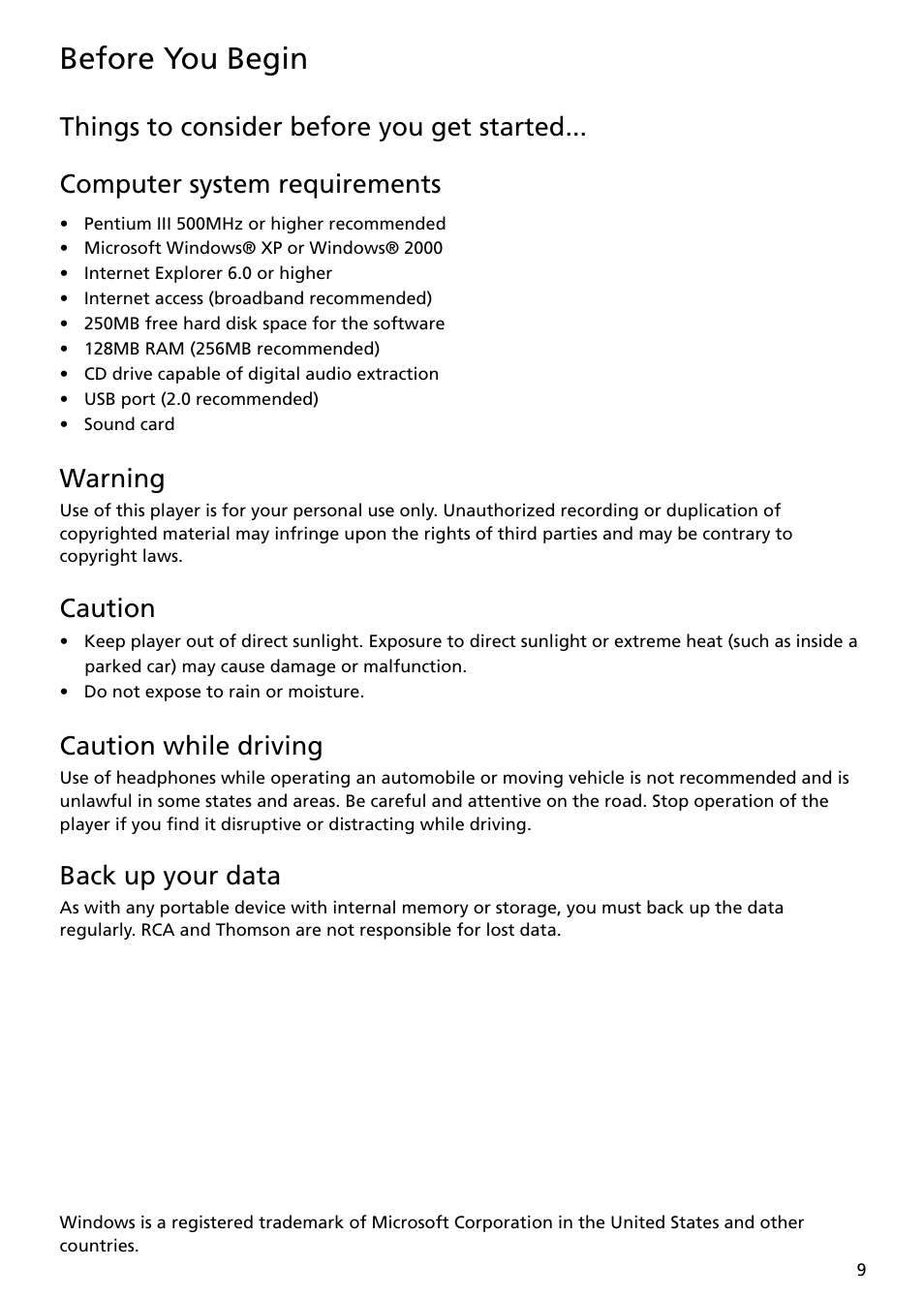 Things to consider before you get started, Computer system requirements, Warning | Caution, Caution while driving, Back up your data, Before you begin | RCA TH1401 User Manual | Page 9 / 40