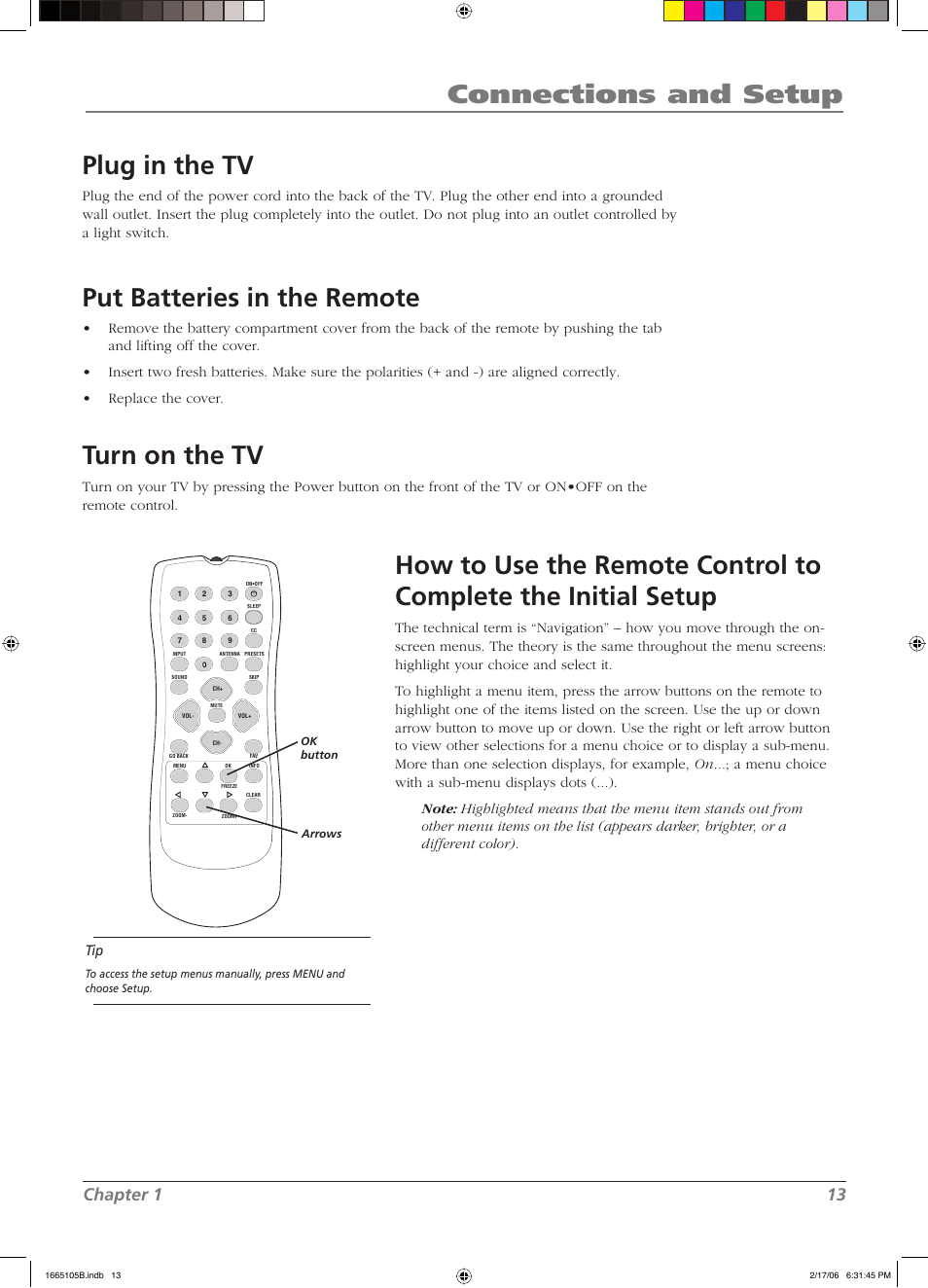 Connections and setup, Plug in the tv, Put batteries in the remote | Turn on the tv, Chapter 1 13 | RCA L26WD12 User Manual | Page 13 / 44