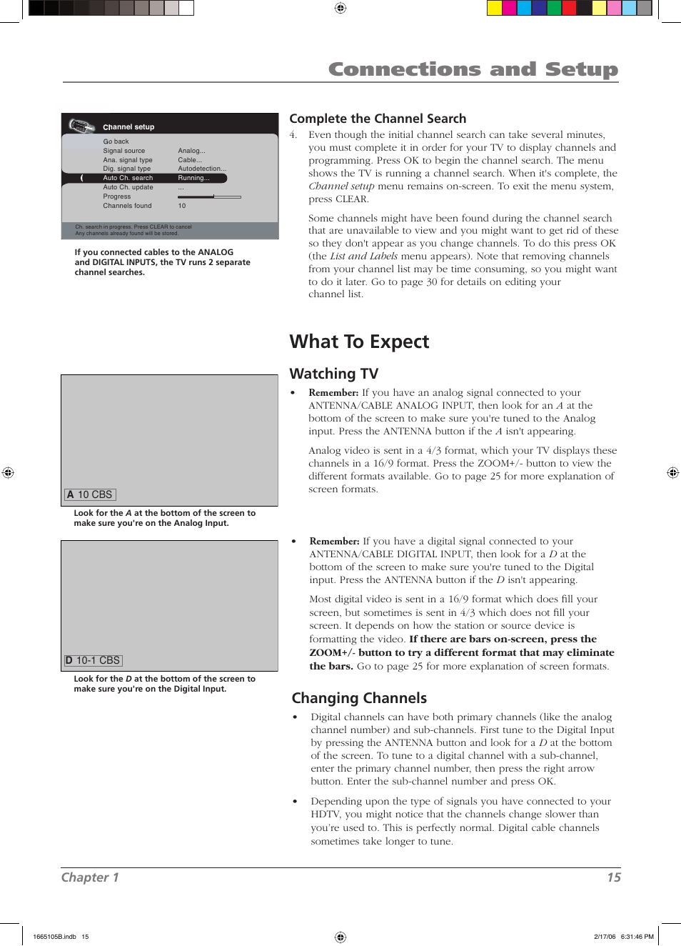 Connections and setup, What to expect, Watching tv | Changing channels, Chapter 1 15 complete the channel search | RCA L26WD12 User Manual | Page 15 / 44