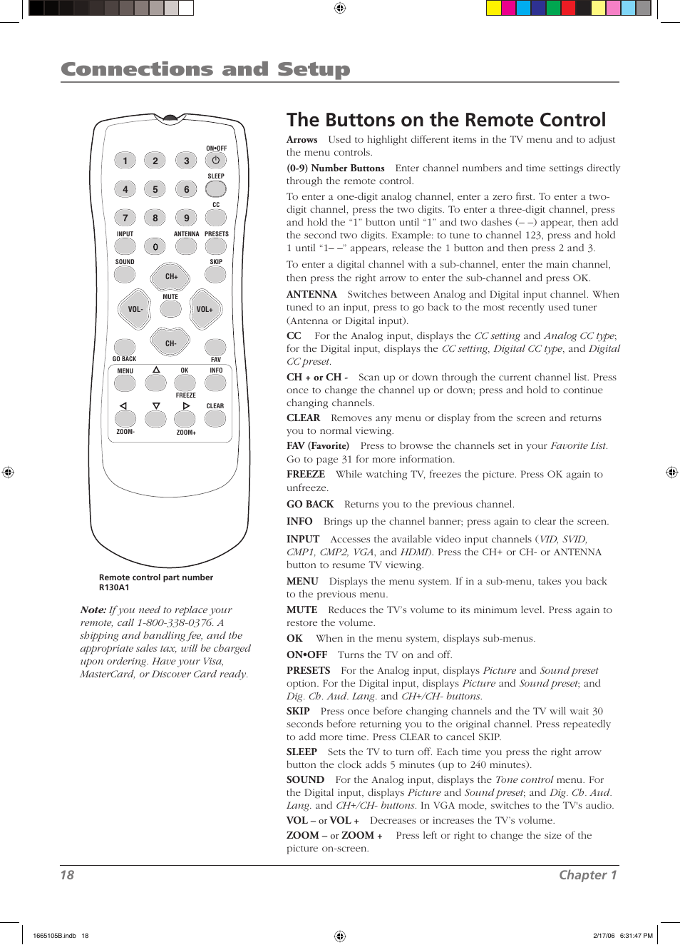 Connections and setup, The buttons on the remote control, 18 chapter 1 | RCA L26WD12 User Manual | Page 18 / 44
