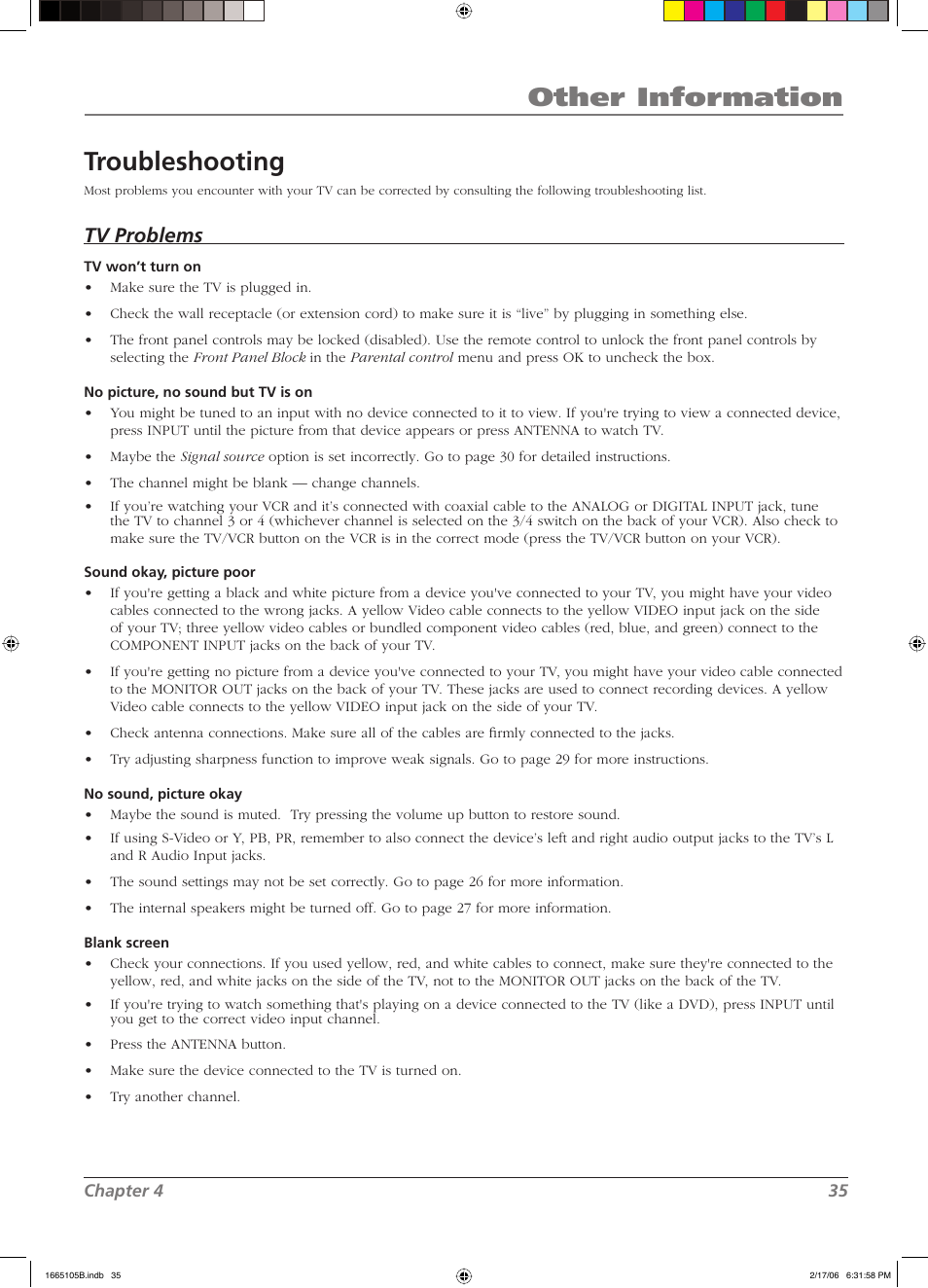 Other information troubleshooting, Tv problems | RCA L26WD12 User Manual | Page 35 / 44