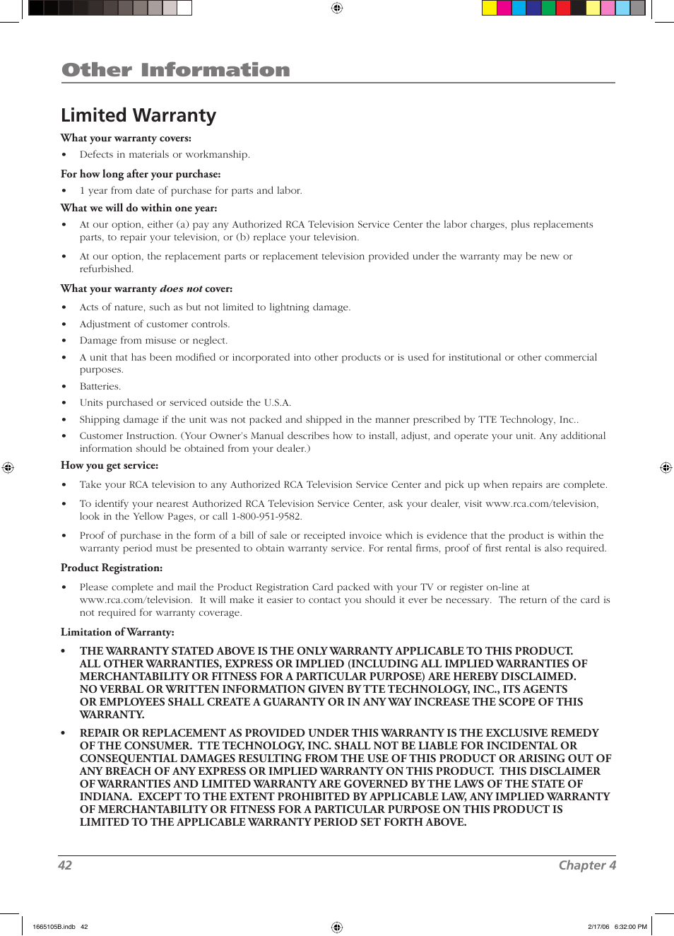 Other information limited warranty | RCA L26WD12 User Manual | Page 42 / 44