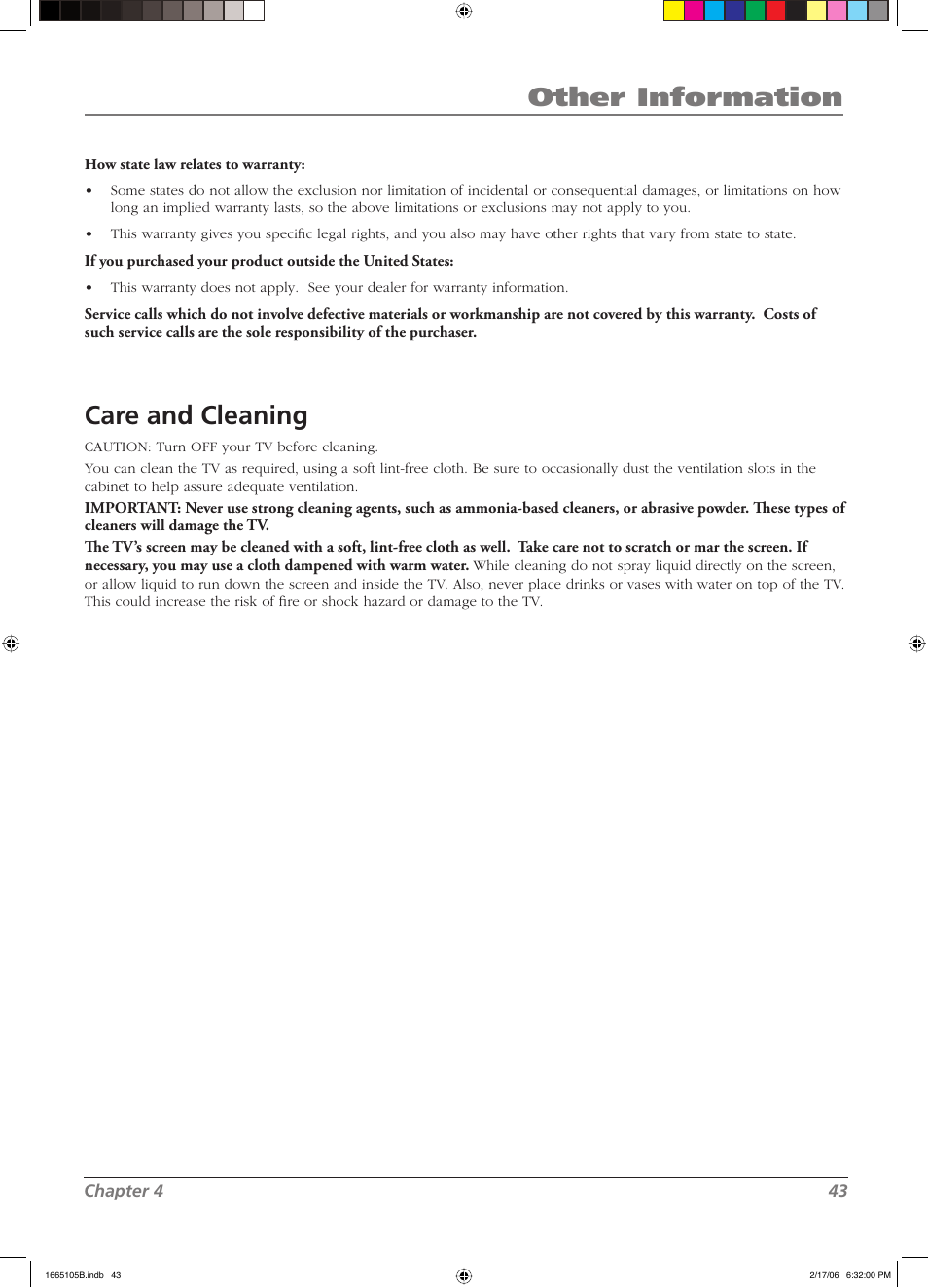 Other information, Care and cleaning | RCA L26WD12 User Manual | Page 43 / 44