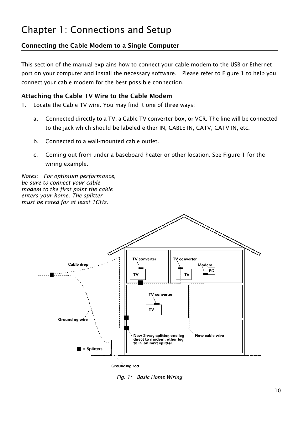 Connecting the cable modem to a single computer, Attaching the cable tv wire to the cable modem, Chapter 1: connections and setup | RCA THG540 User Manual | Page 15 / 36