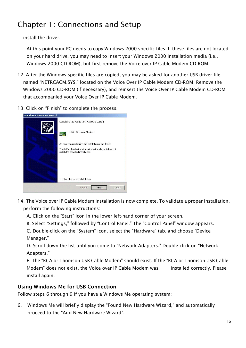 Using windows me for usb connection, Chapter 1: connections and setup | RCA THG540 User Manual | Page 21 / 36