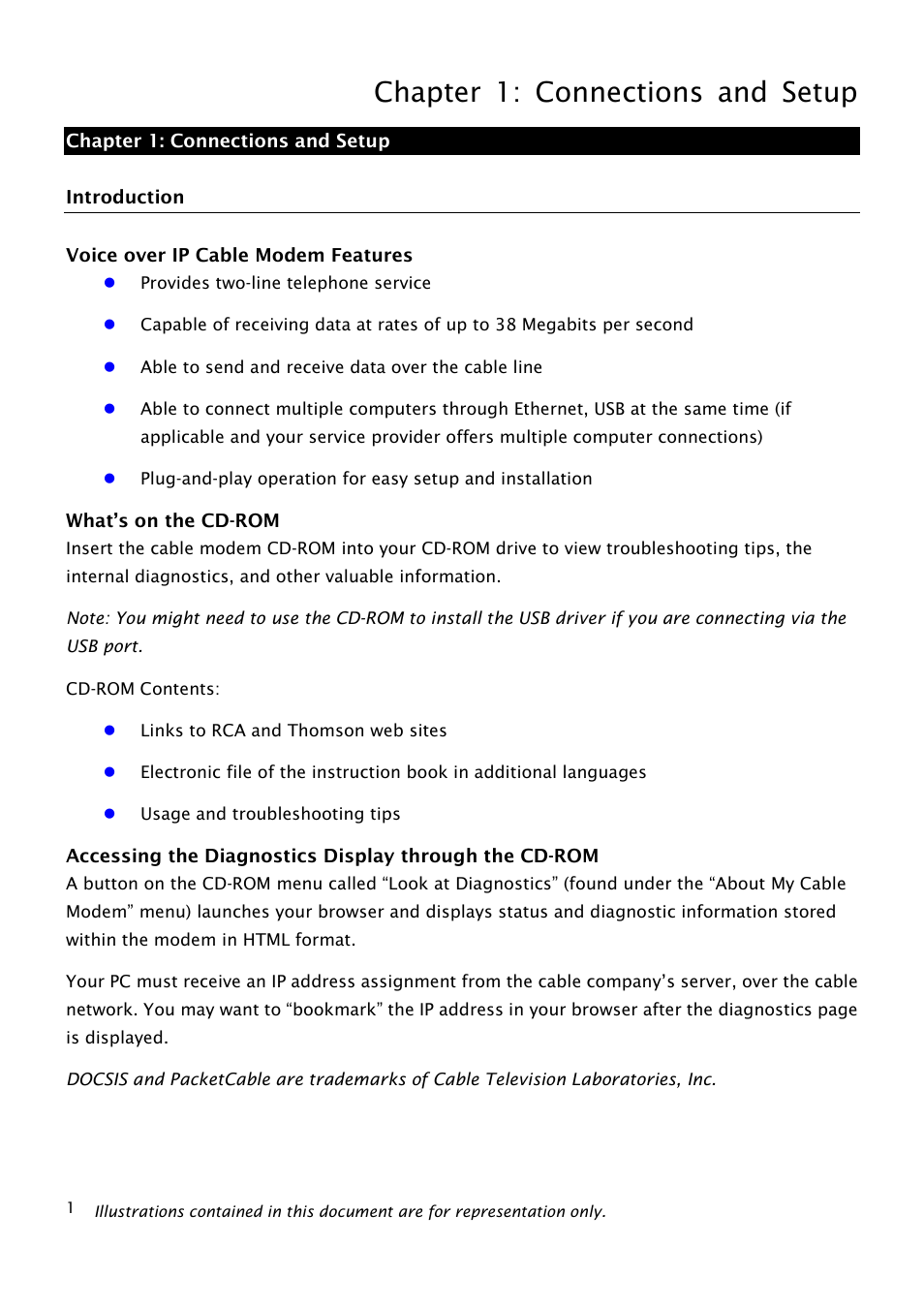 Chapter 1: connections and setup, Introduction, Voice over ip cable modem features | What’s on the cd-rom | RCA THG540 User Manual | Page 6 / 36