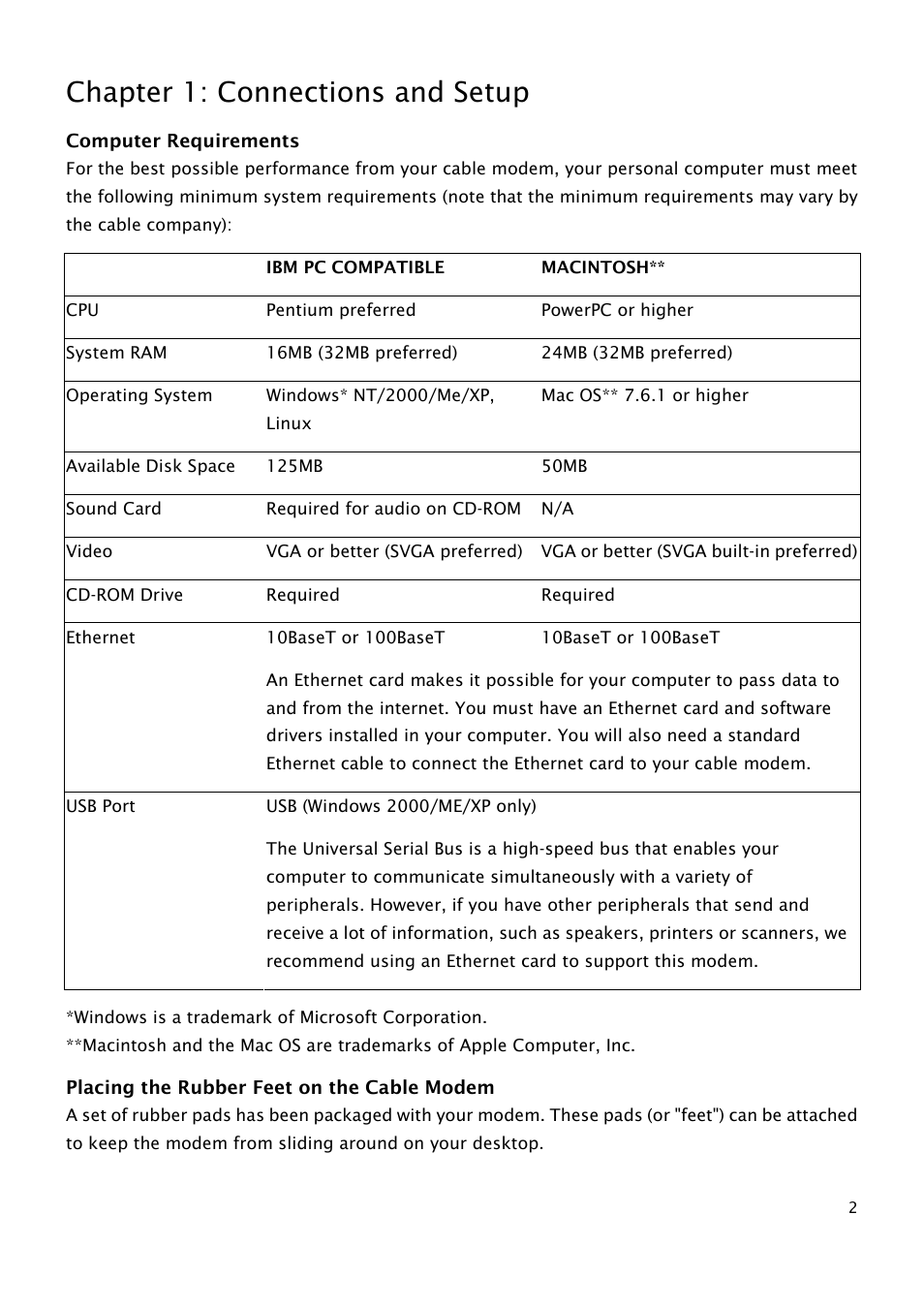 Computer requirements, Placing the rubber feet on the cable modem, Chapter 1: connections and setup | RCA THG540 User Manual | Page 7 / 36