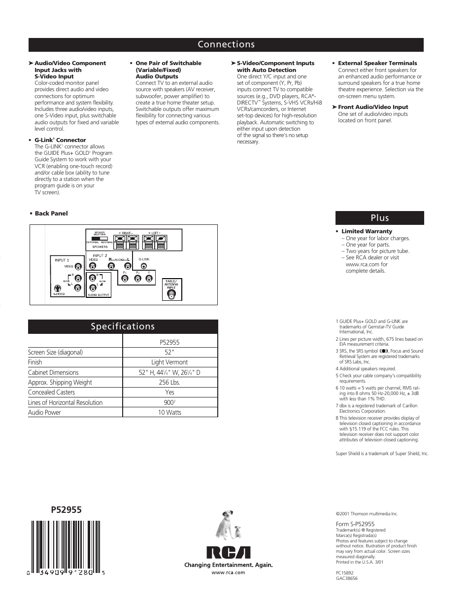 Te levi s io n, Connections specifications | RCA P52955 User Manual | Page 4 / 4