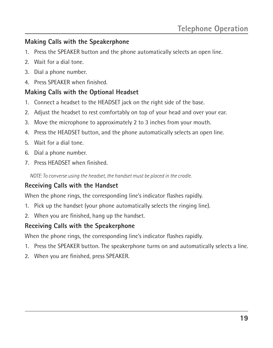 Telephone operation | RCA 25204 User Manual | Page 19 / 76