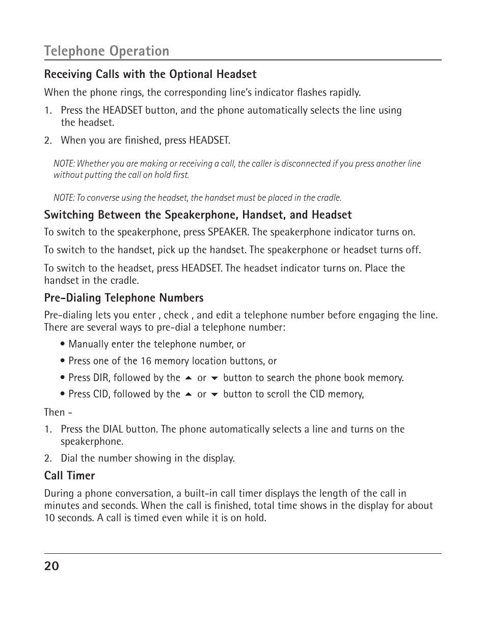 Telephone operation | RCA 25204 User Manual | Page 20 / 76