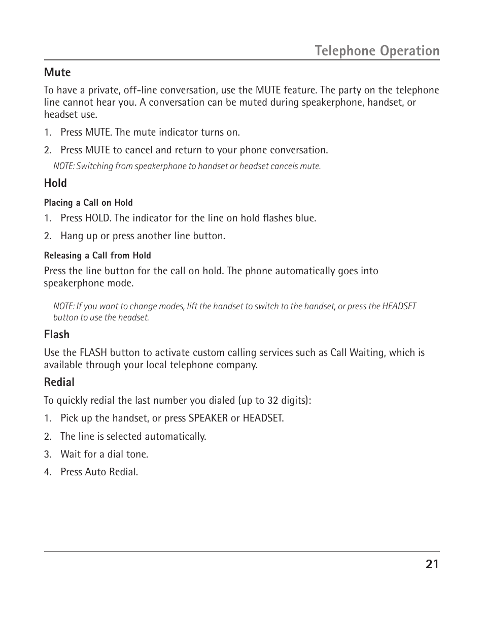 Telephone operation | RCA 25204 User Manual | Page 21 / 76