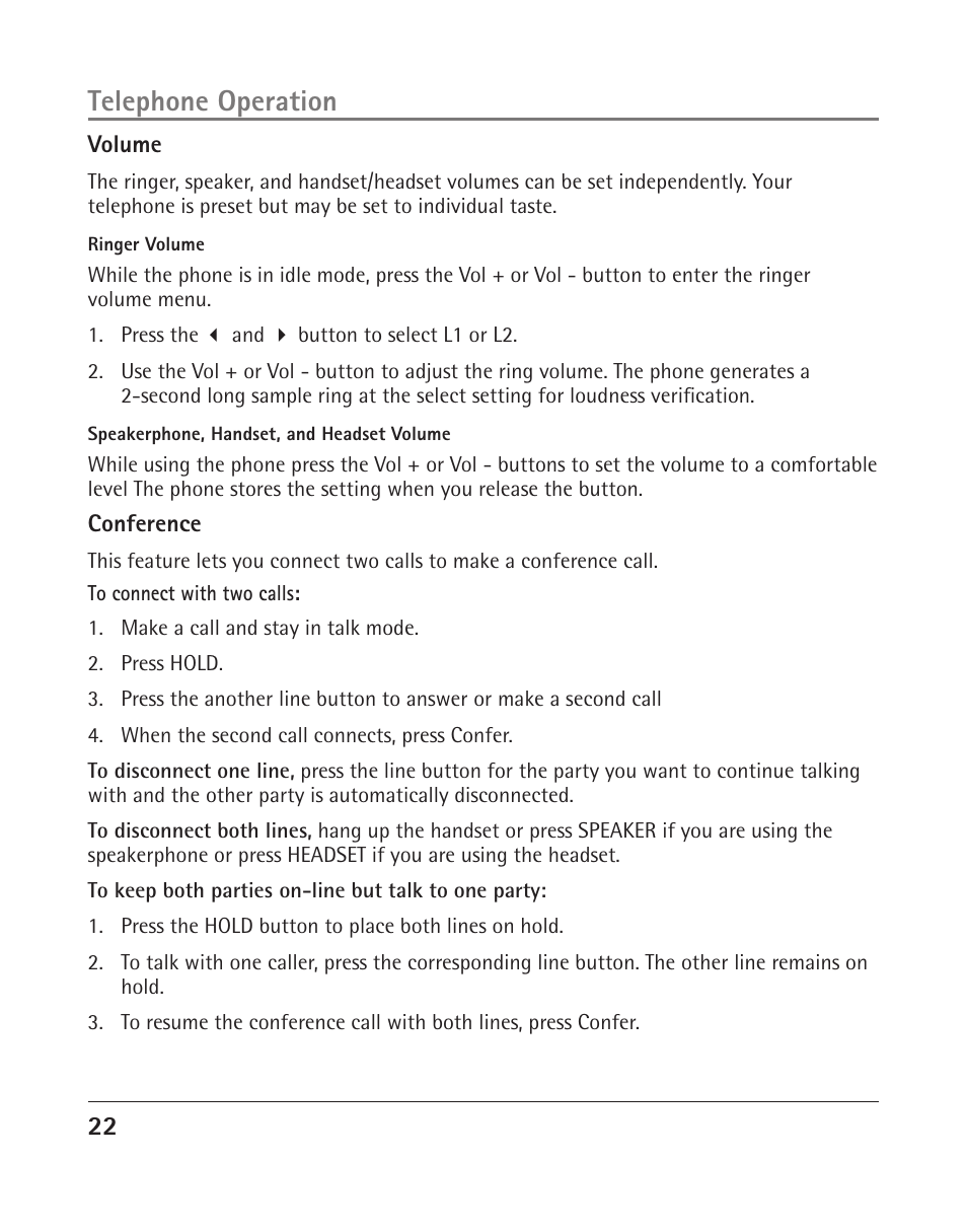 Telephone operation | RCA 25204 User Manual | Page 22 / 76