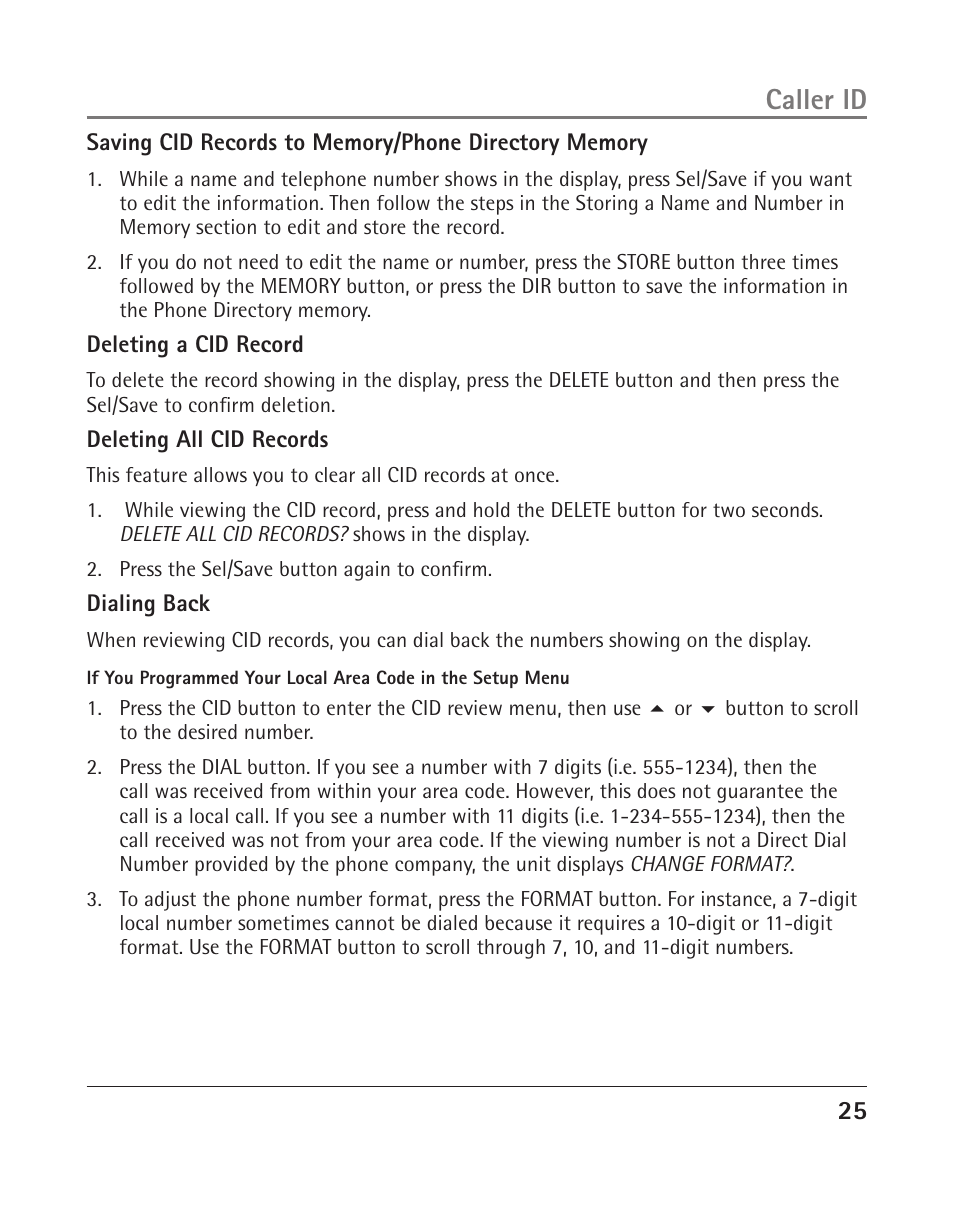 Caller id | RCA 25204 User Manual | Page 25 / 76