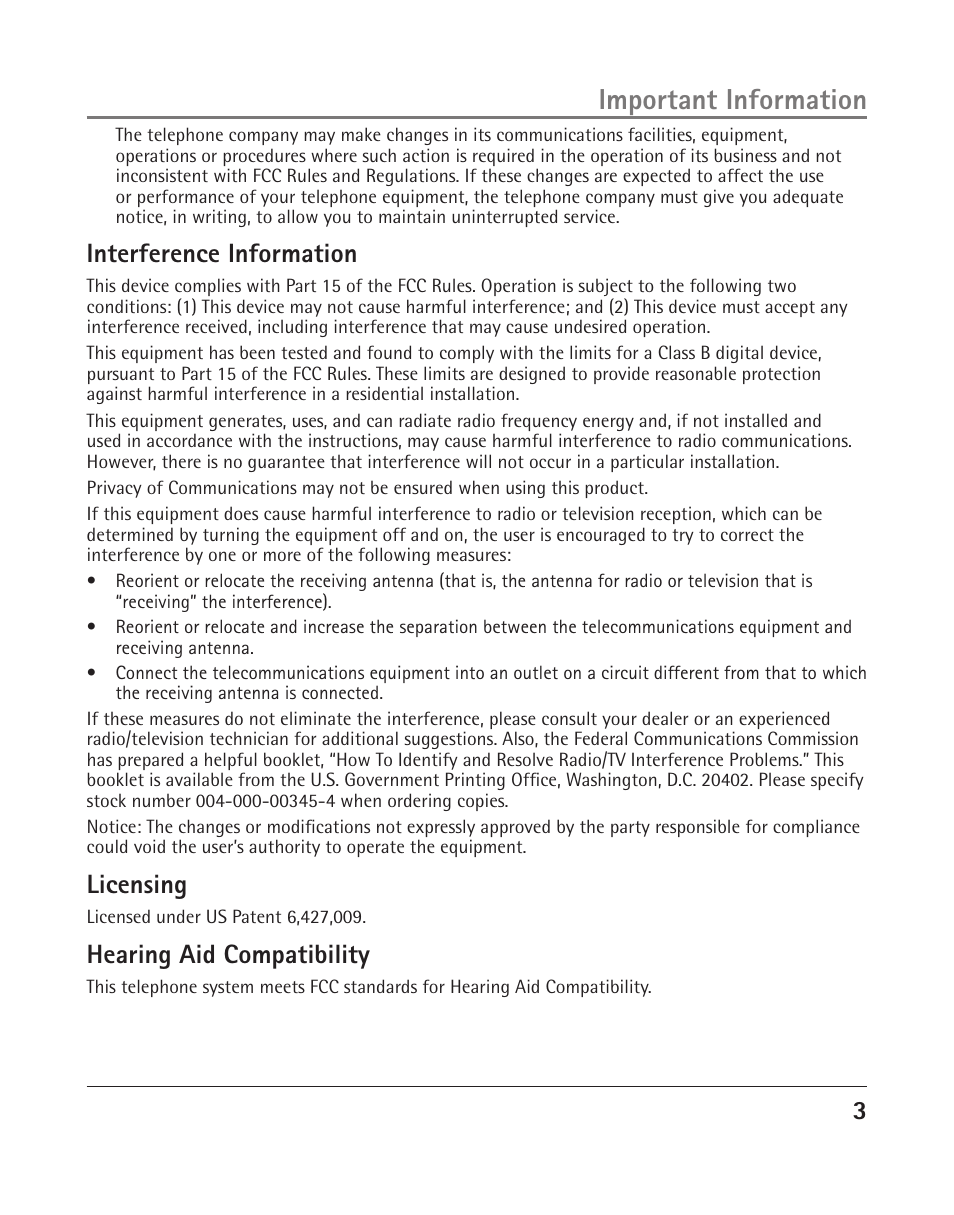 Important information, Interference information, Licensing | Hearing aid compatibility | RCA 25204 User Manual | Page 3 / 76