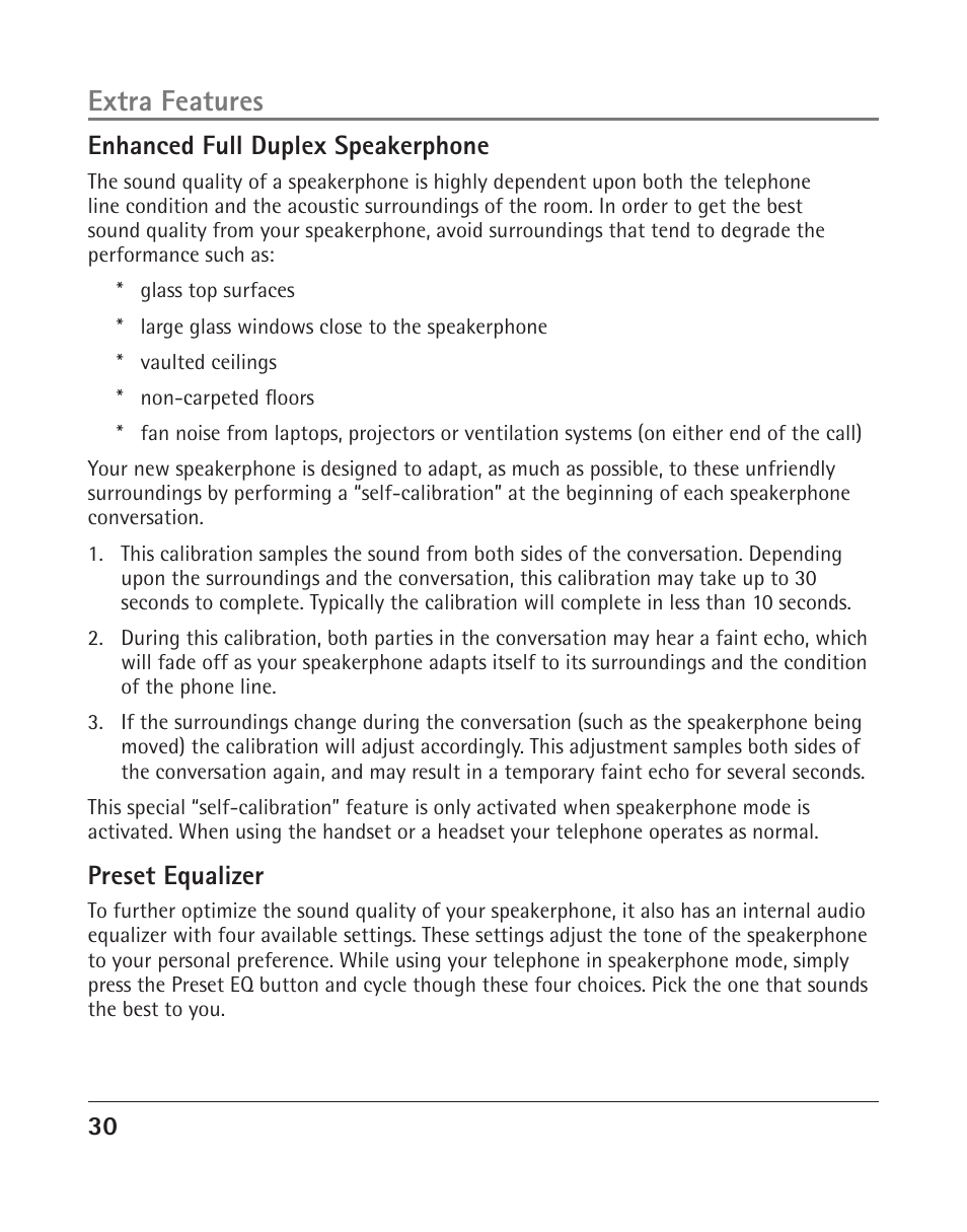 Extra features, 0 enhanced full duplex speakerphone, Preset equalizer | RCA 25204 User Manual | Page 30 / 76